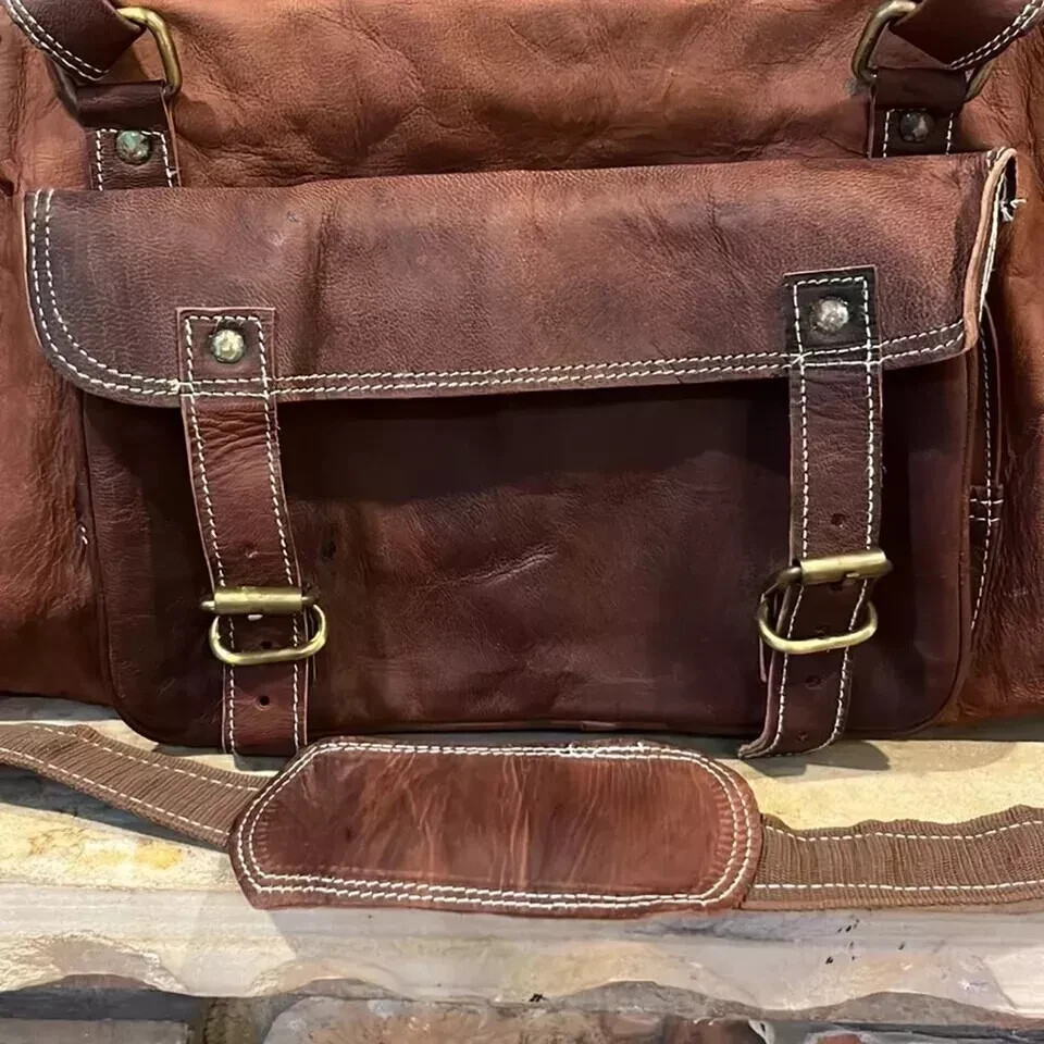 Rugged Dark Brown Leather Duffel Bag 22″ x 10″ x 10″