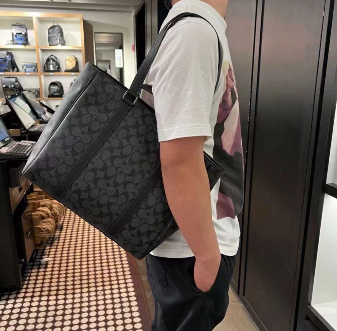 Coach CB849 Hudson Double Handle Tote Signature Canvas & Leather Charcoal Black