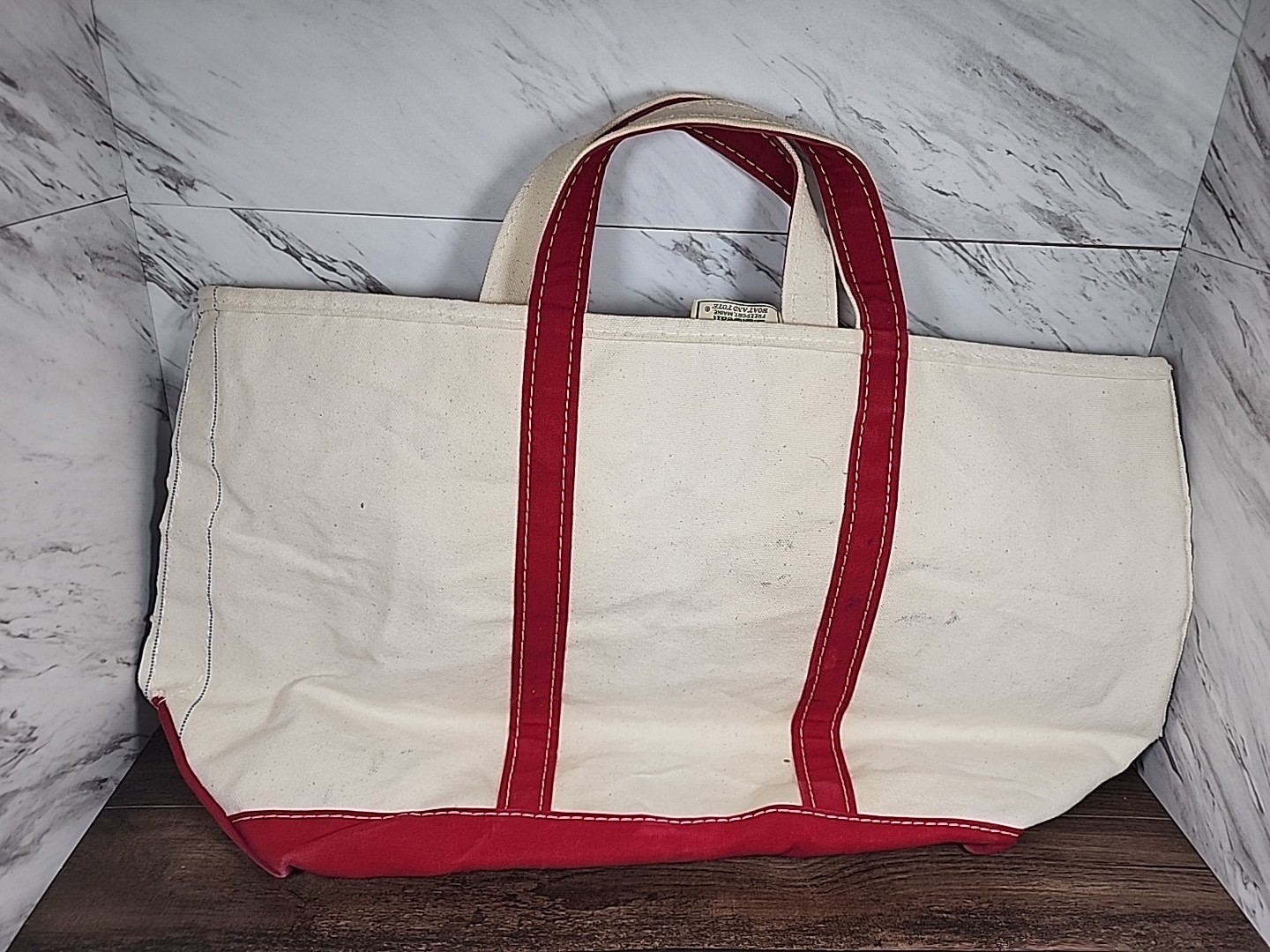 ☆Vintage☆ LL Bean Boat and Tote Bag Large Ivory Red Stiff Canvas Sawtooth Label