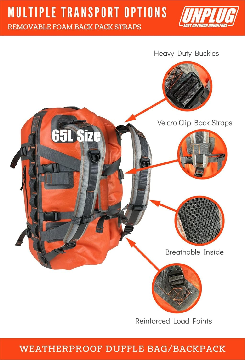 UNPLUG Ultimate Adventure 65L Waterproof Heavy Duty Travel Bag – Orange