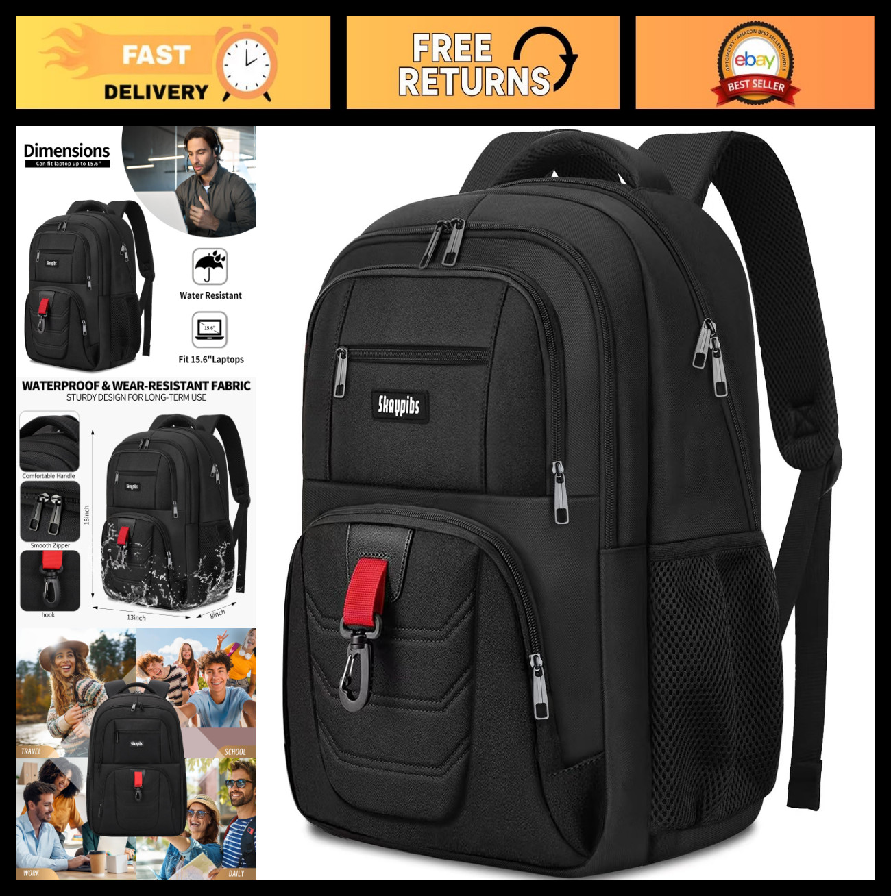 Black Backpack for Men & Women, 15.6″ Laptop Bag, Water-Resistant, School & Trav