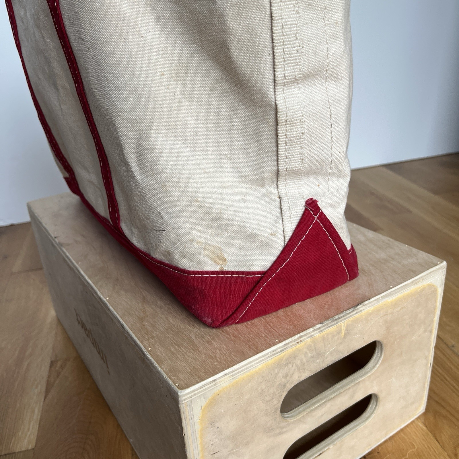 Vintage 90’s 00’s LL Bean Boat and Tote Bag Large Ivory Red Canvas USA Stained