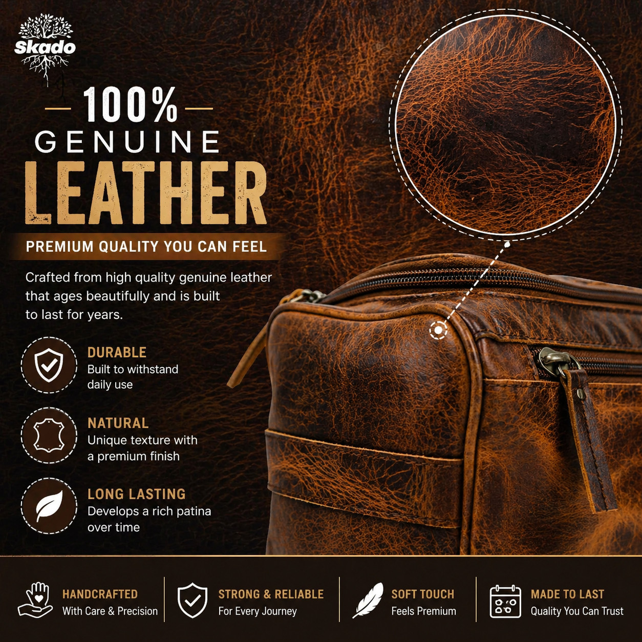 Buffalo Leather Toiletry Bag Travel Hanging Dopp Kit Shaving Makeup Case Unisex