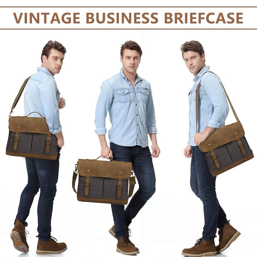 VASCHY Leather Canvas Messenger Bag for Men,15.6 inch Laptop Vintage Satchel