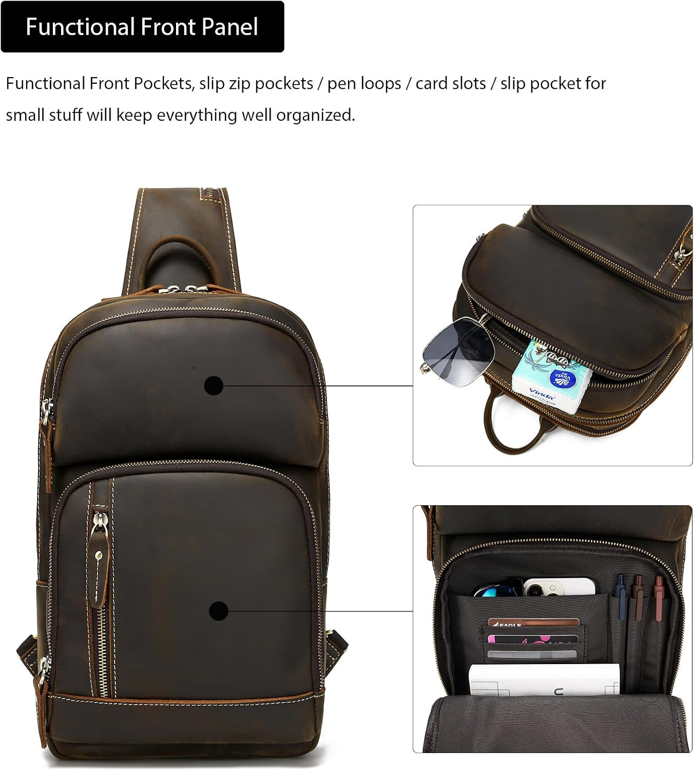 Full Grain Leather Sling Bag for Men, Crossbody Bag Fits 12.9″ Ipad Crossbody Ch