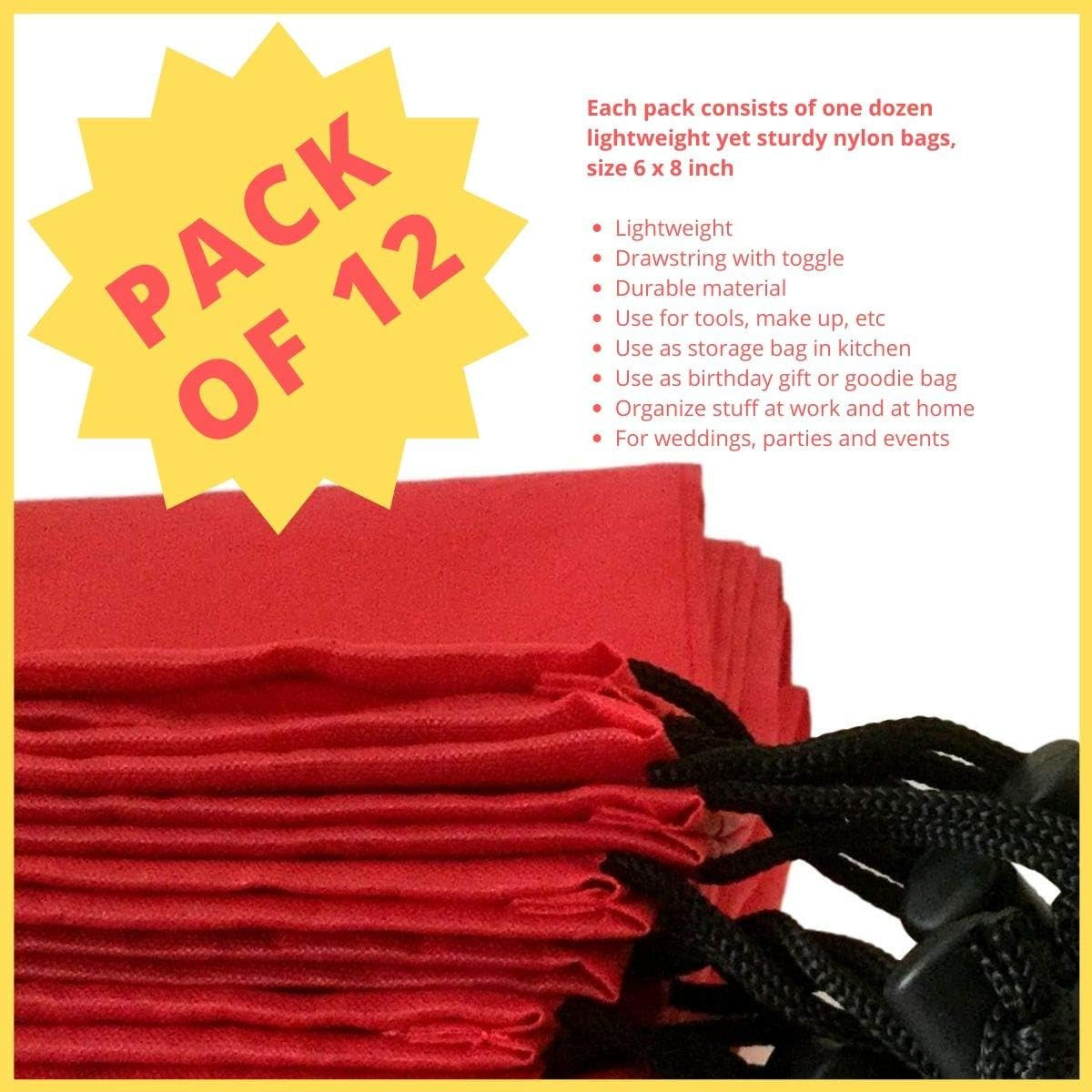 Drawstring Bag – Nylon Cinch and Ditty Stuff Pouch with Toggle (6 X 8-12 Pack, R