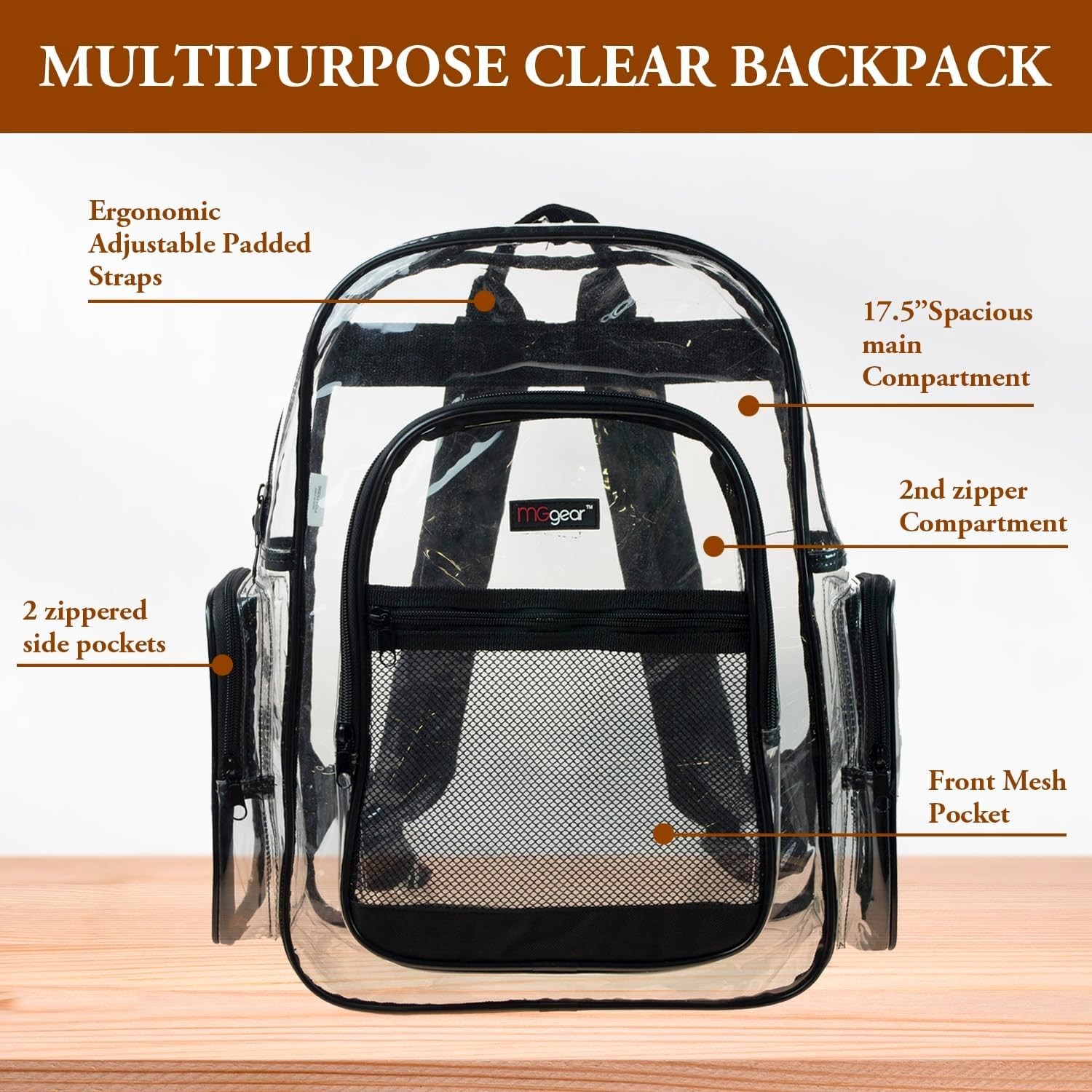 17 Inch Clear PVC Backpack with Black Trim and 5 Zipper Compartments, Transparen