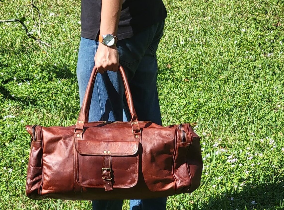 Bag Nude Leather Duffle Men Travel Gym Luggage Overnight Vintage Men’s Weekend