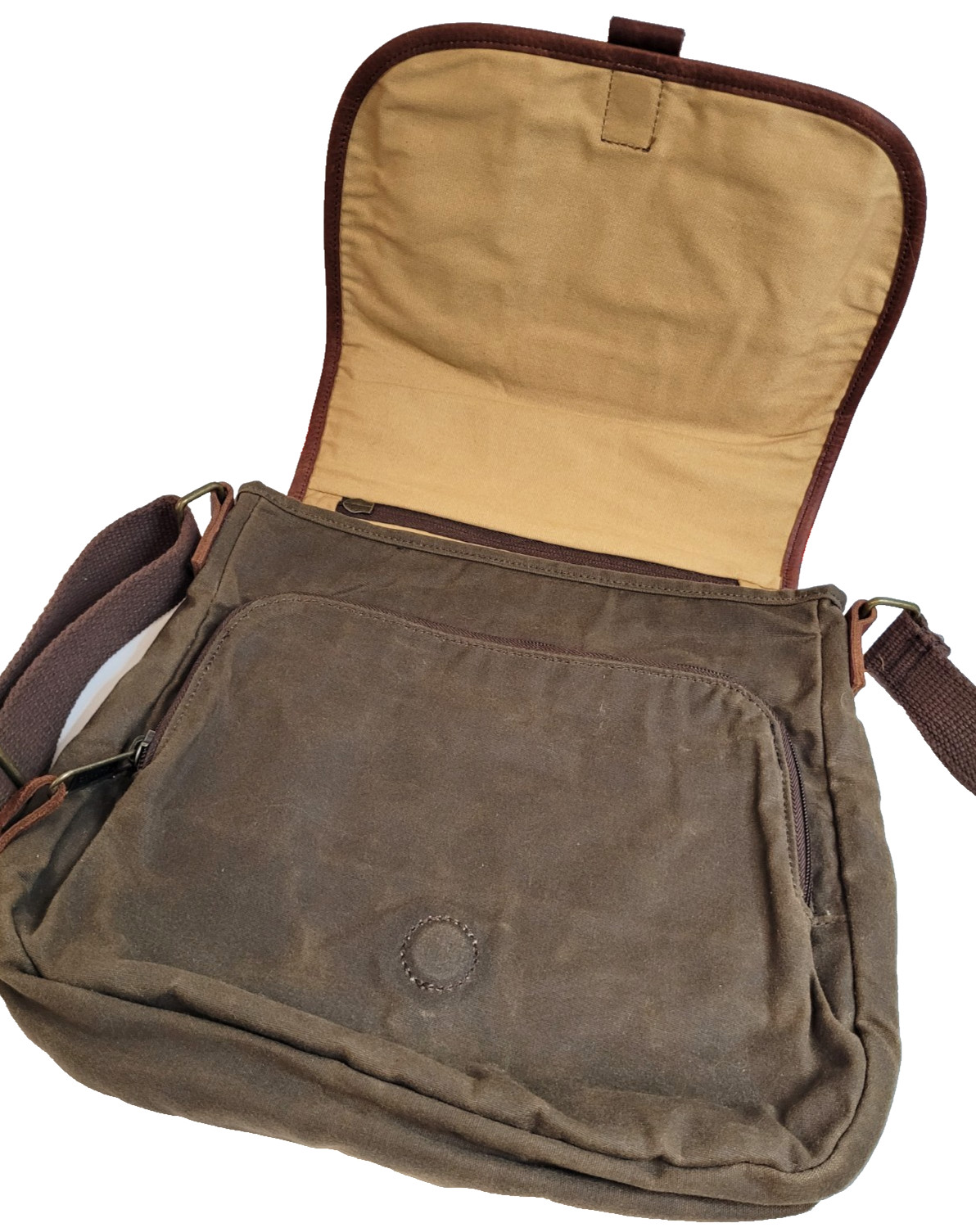 Duluth Trading Co Satchel Army Green Brown Oil Cloth Crossbody Messenger Bag.