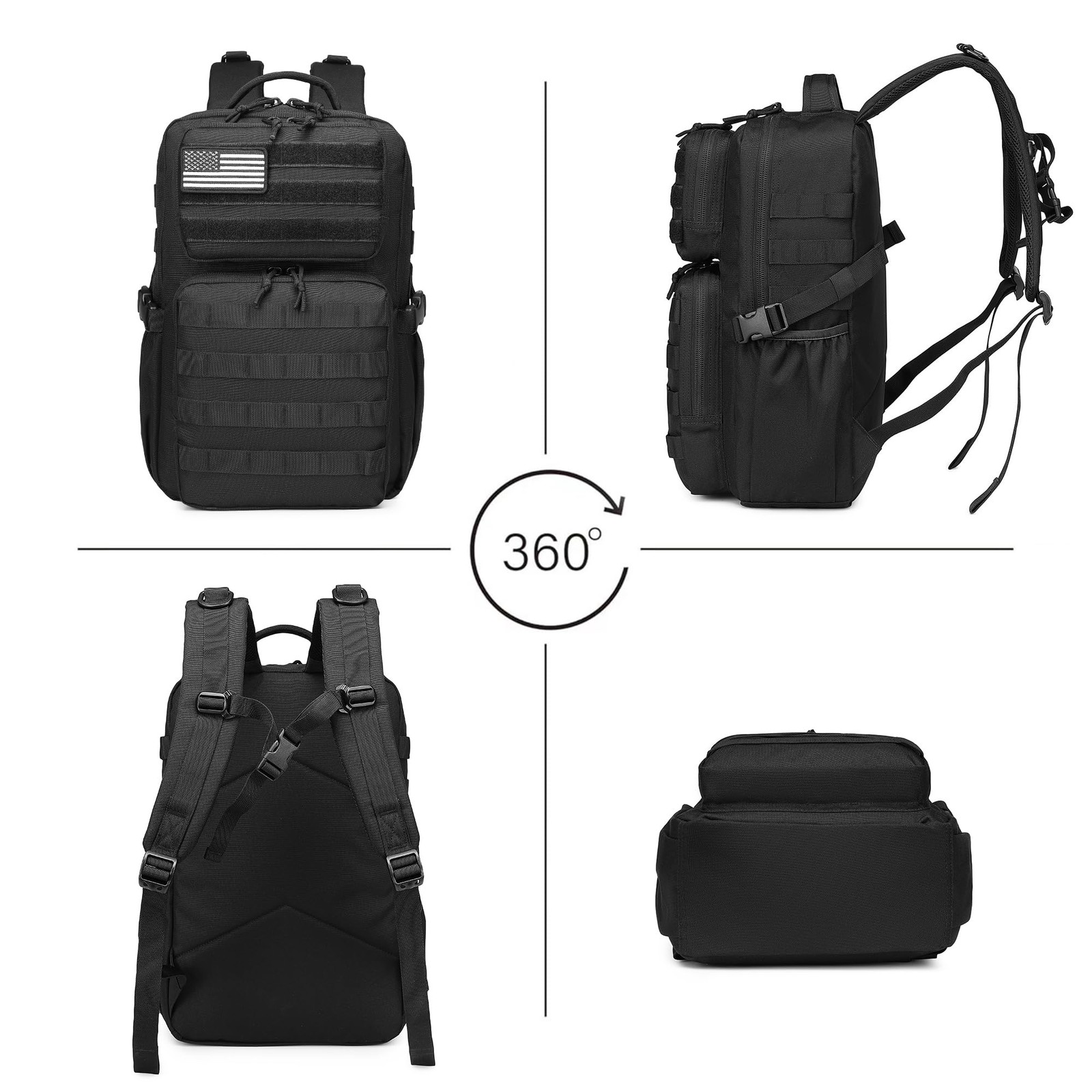 Wotony Military Tactical Backpack for Men Waterproof Daypack 3 Day (Black, 25L)