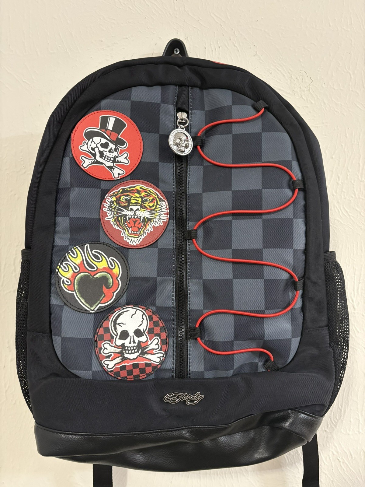 Ed Hardy Tattoo Patch Backpack Skull Tiger Flame Print Black Gray Checkered NWT