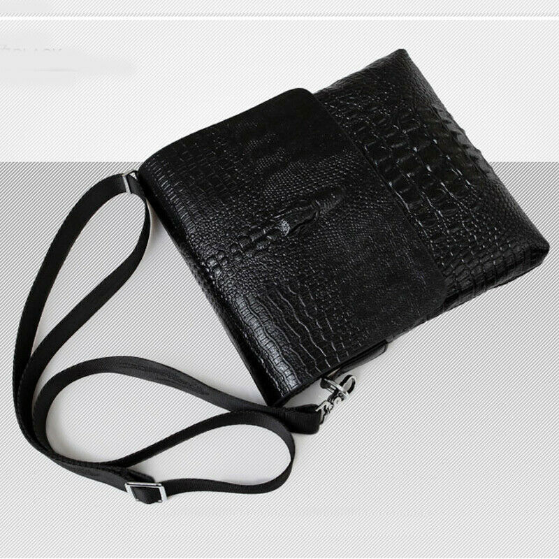 Men Leather Black Crocodile Sling Shoulder Bag Crossbody Bag 10″ Messenger Bag B