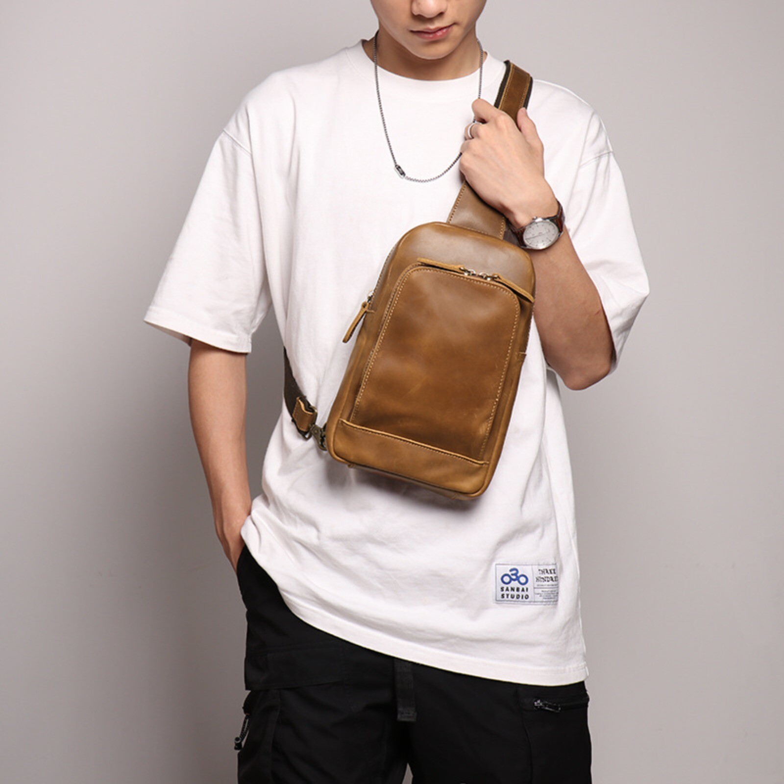 Men’s Leather Chest Sling Bag Crossbody Travel Backpack Shoulder Pack