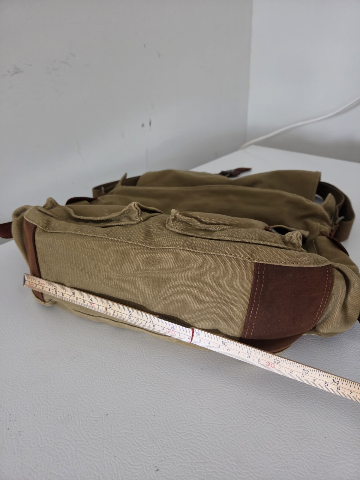 S.C. Cotton Canvas Messenger Laptop Bag Khaki Leather Trim Crossbody Satchel 17″