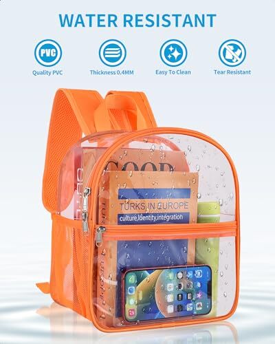 Clear Backpack Stadium Approved 12×12×6 with Reinforced and Wider Orange