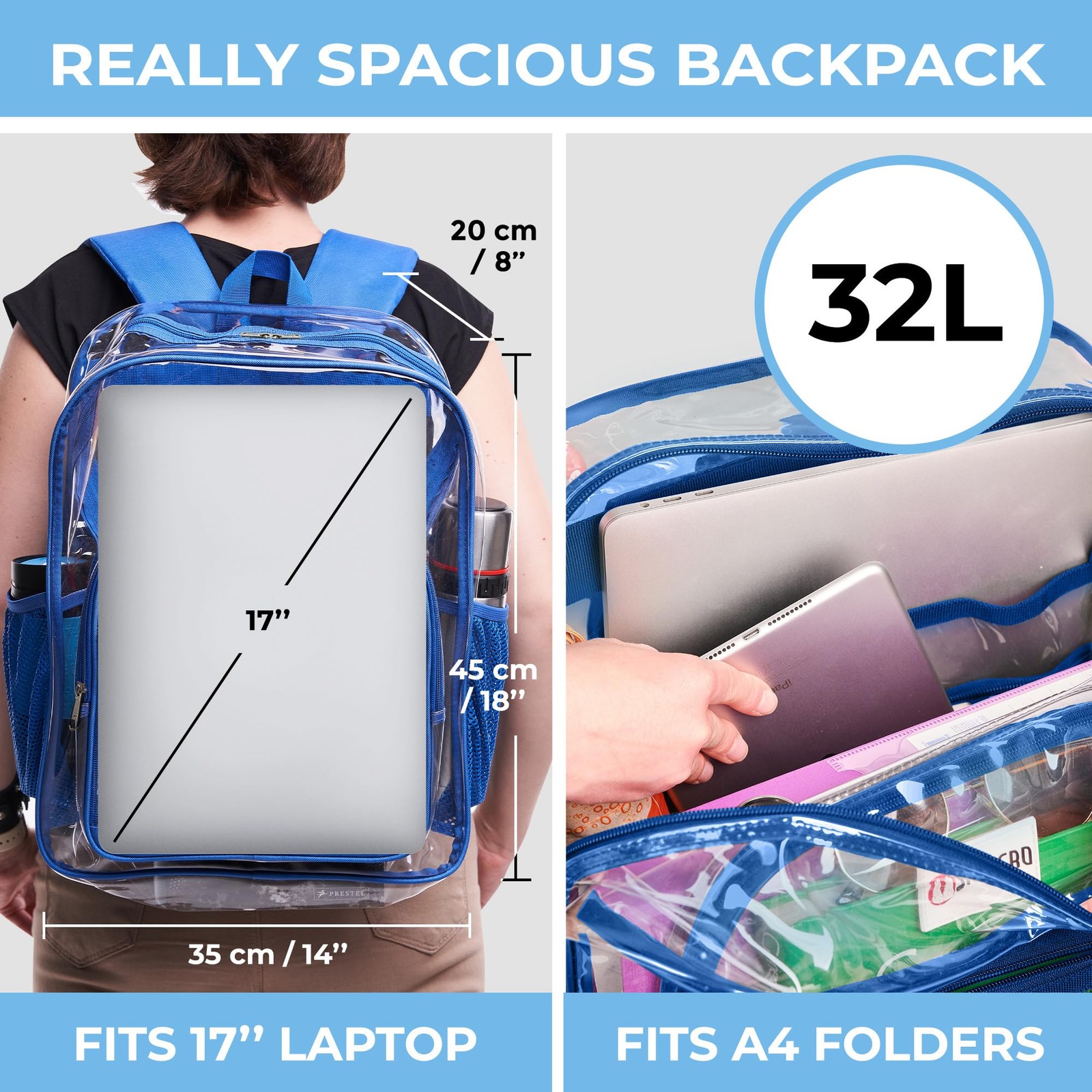 Clear Backpack Heavy Duty TSA Lock 18x14x8 Inch Blue PVC Transparent Bag