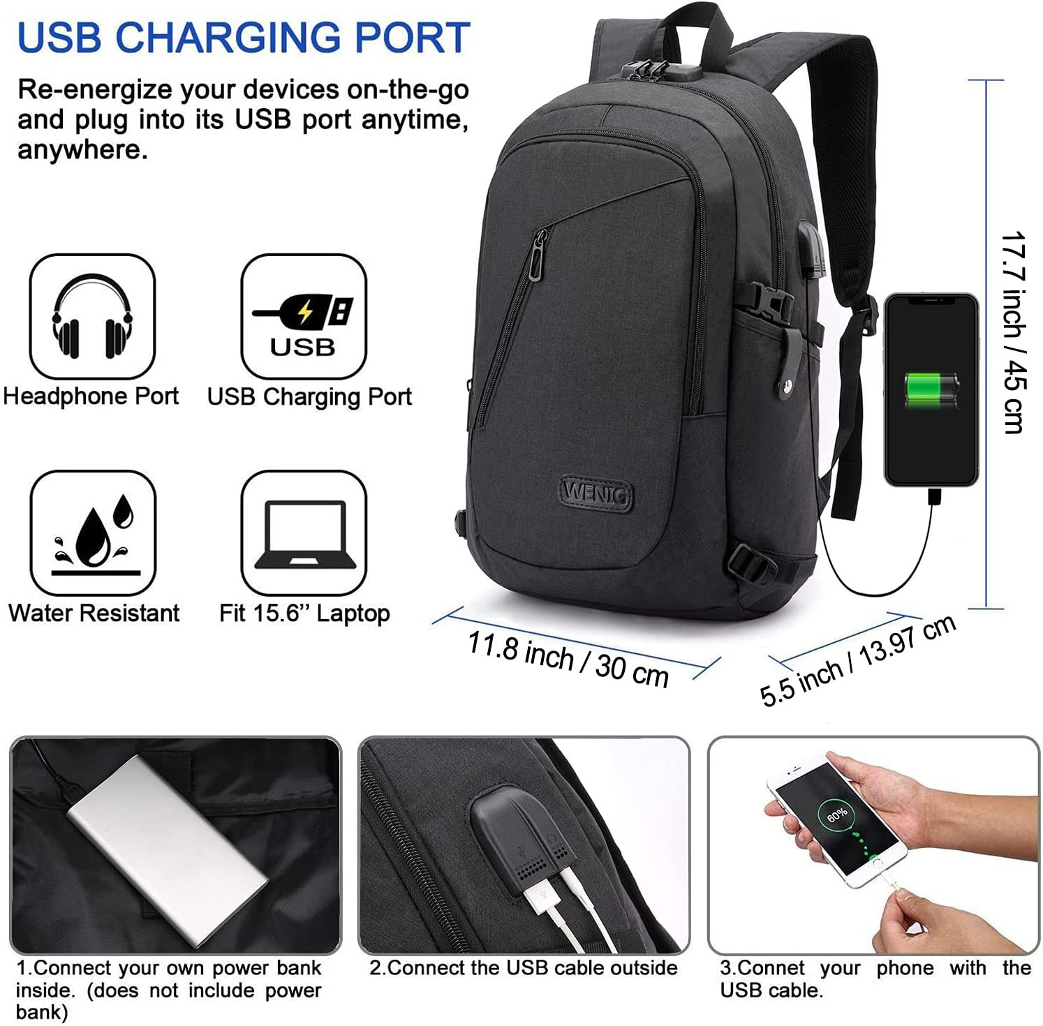 Anti-Theft Travel Laptop Backpack with USB Charging Port Lock,Water Resistant Sl