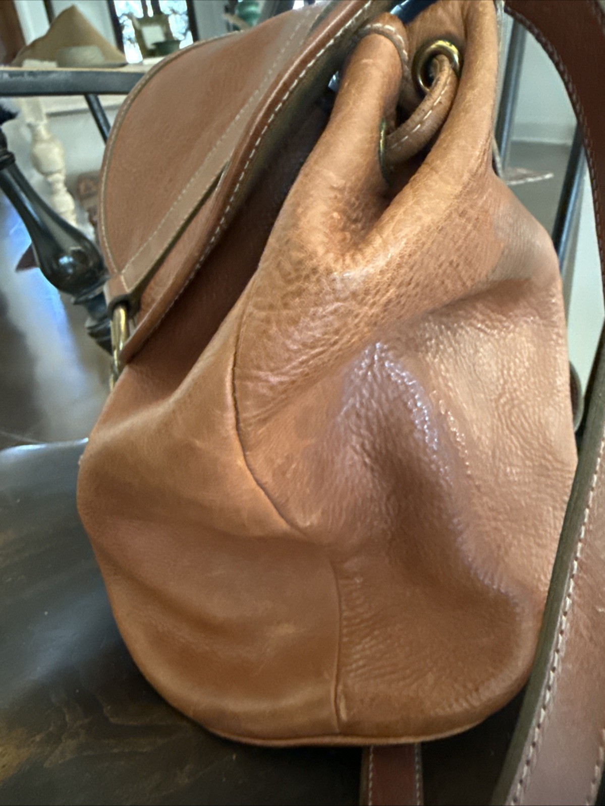 Vintage Ralph Lauren Leather Backpack Drawstring Brown 90s Unusual Hook Closure