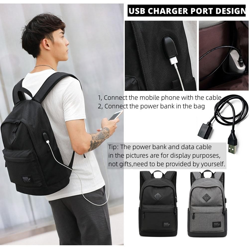 Lightweight Casual Laptop Backpack Men Women USB Charging Port Black 1 PCS