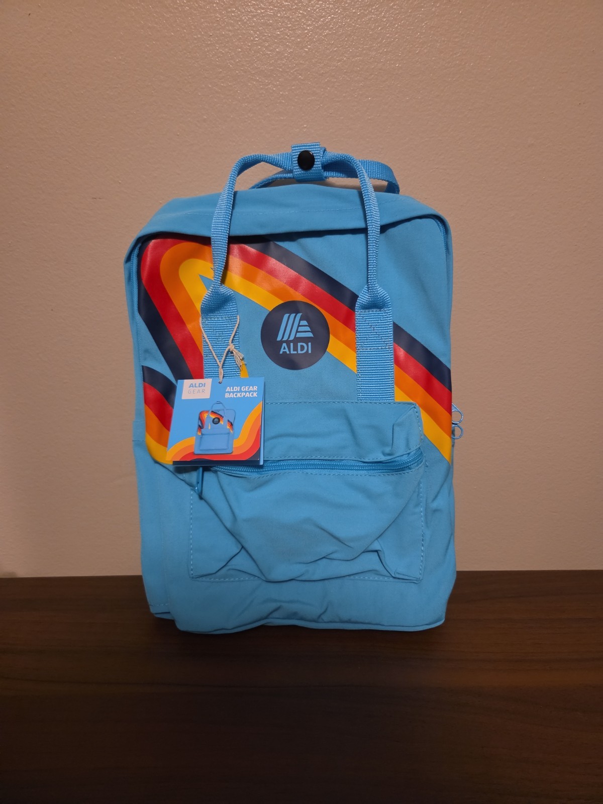 Aldi Gear Blue Rainbow Backpack with Laptop Sleeve Side Pockets Bright Logo NWT