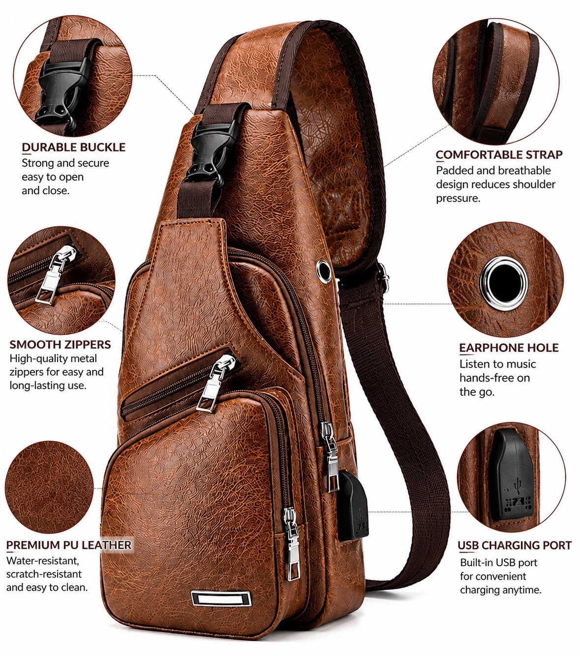 Men’s Brown Sling Chest Crossbody Bag, Adjustable Strap, USB Charging Port