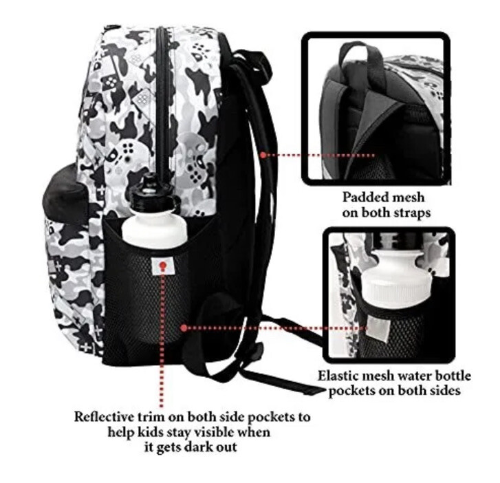 Grey Gaming Camo Backpack Set for Boys & Girls 16 inch 6 Pieces – Includes Fo…