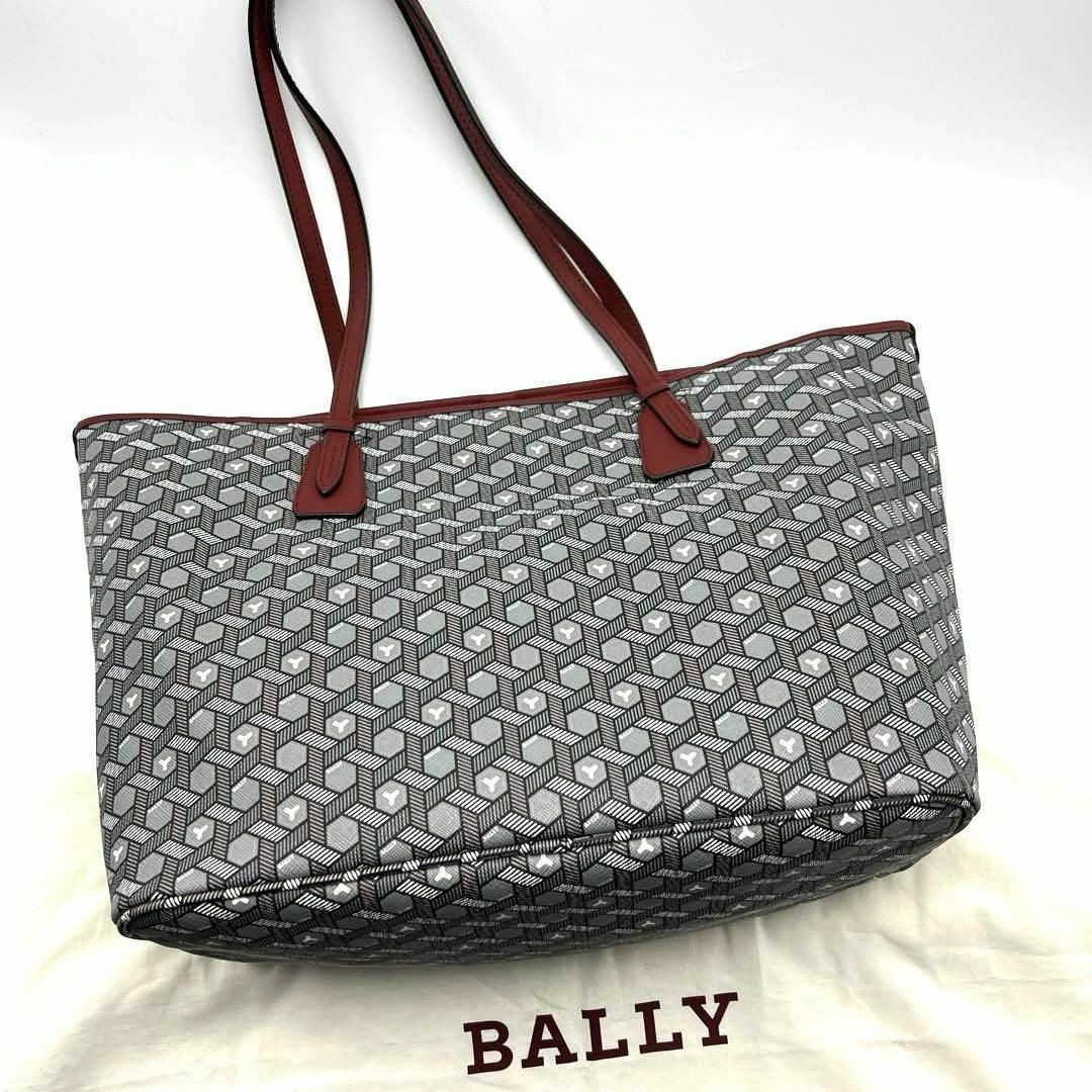 Bally Men’s Tote Shoulder Bag PVC Leather Gray Black Red Stripe 34x28x17cm