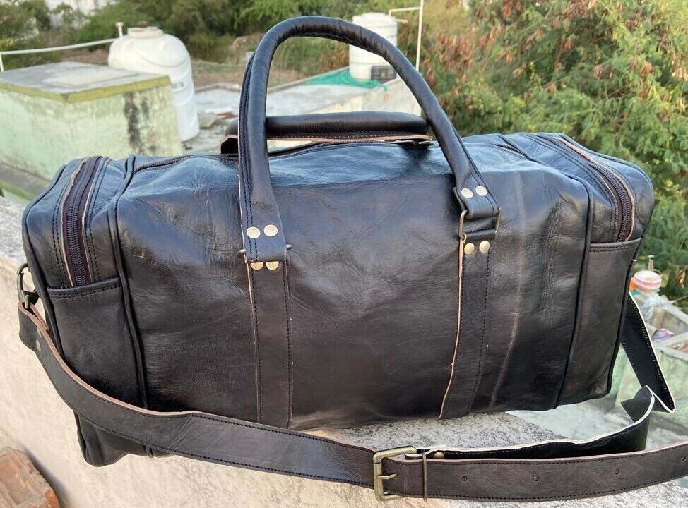 Large BLACK Duffle Men Genuine Leather Travel Luggage Gym Weekend Overnight Bag
