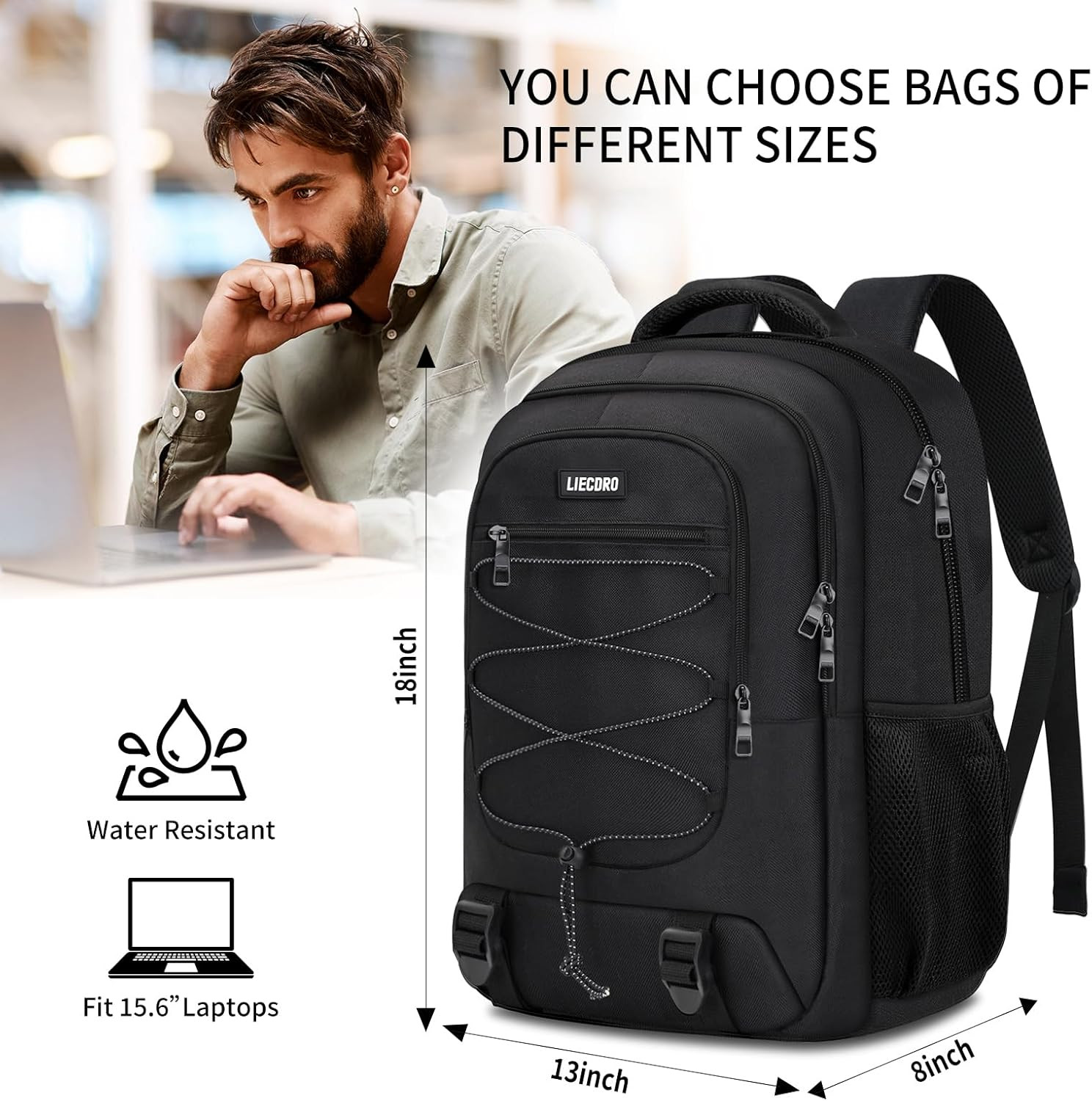 Black School Backpacks for Boys Teens, Backpack for Men,15.6 Inch Laptop Back Pa