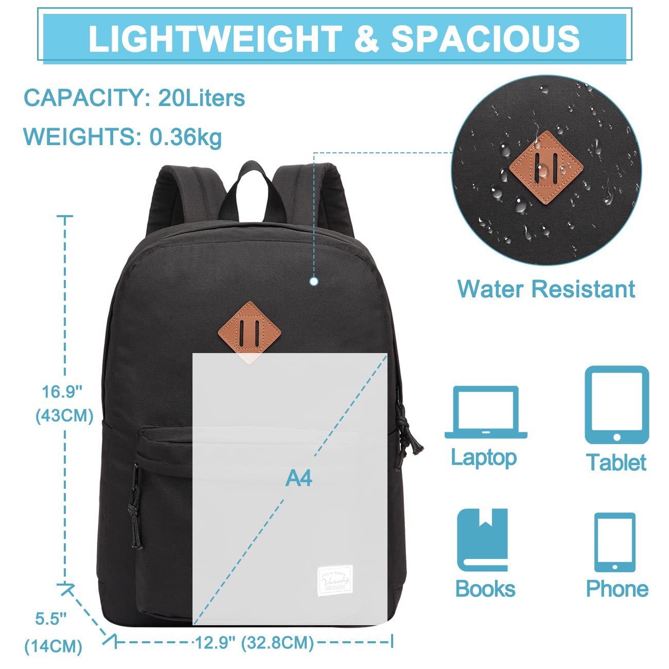 Vaschy Lightweight Backpack For School, Classic Basic Water Resistant