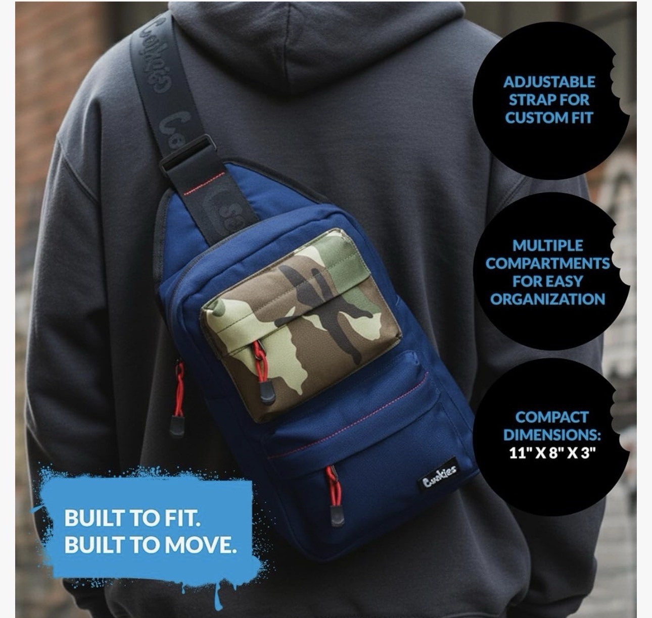 New Cookies SF Rackpack Smell Proof Crossbody Bag Blue Camo Sling Shoulder Pack