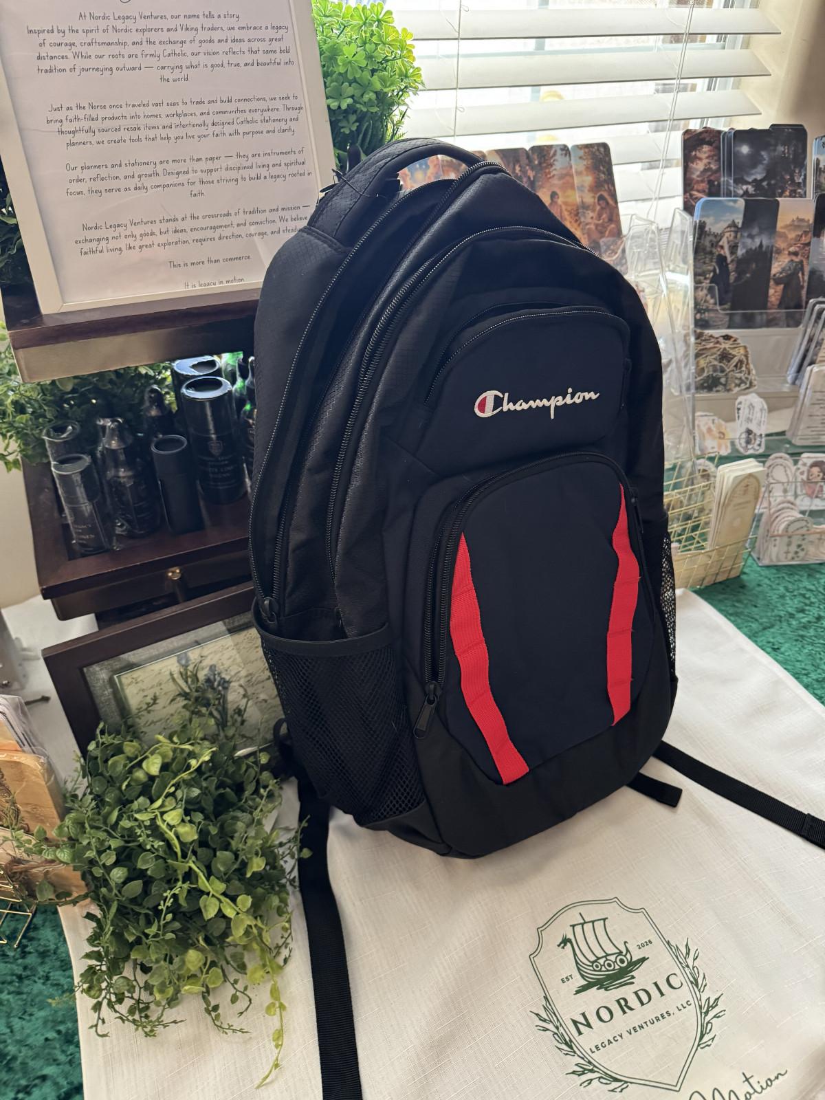 Champion Backpack Black Red Multi Pocket Laptop School Travel Book Bag New