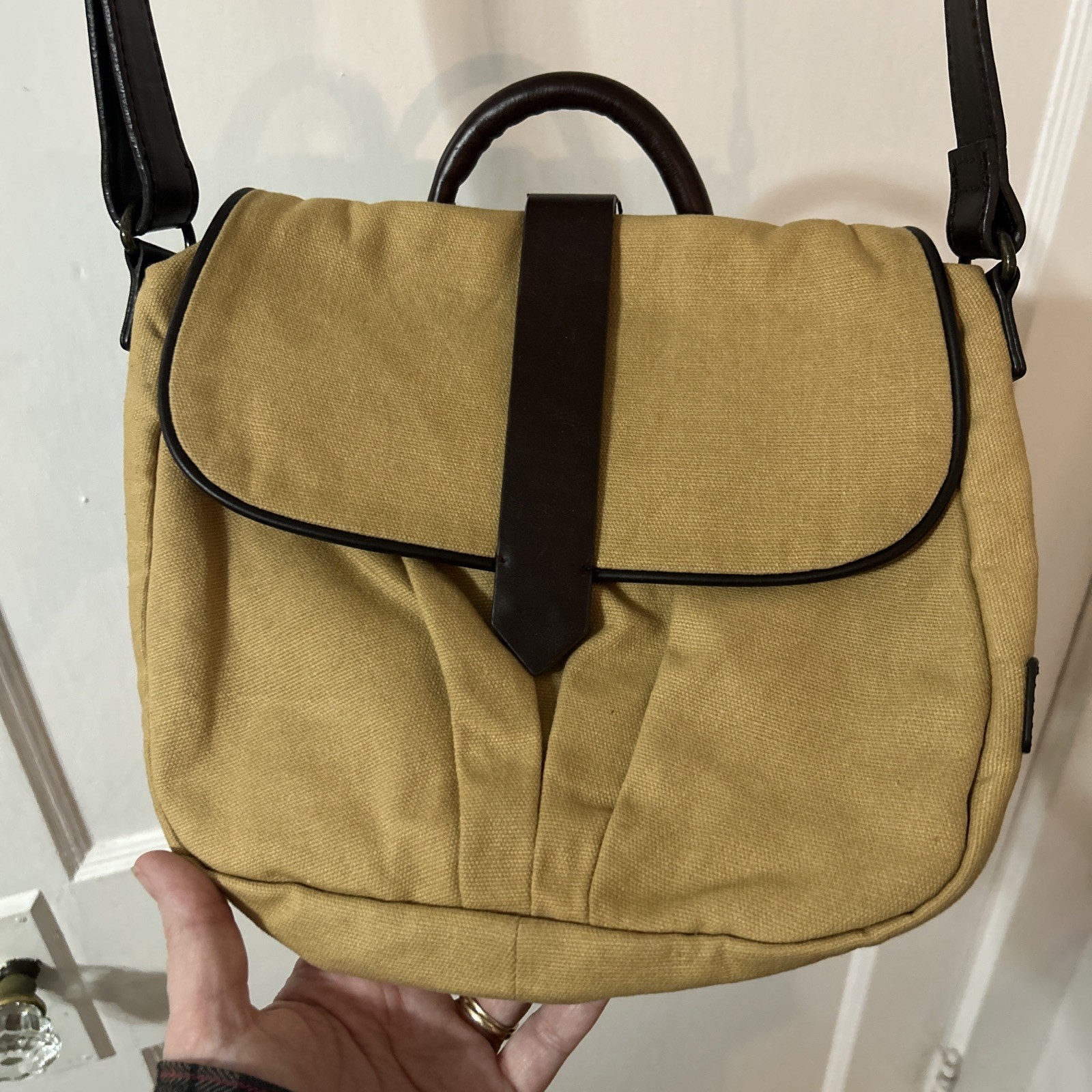 DULUTH TRADING Co Messenger Bag Brown Tan Canvas Leather Trim Satchel Purse