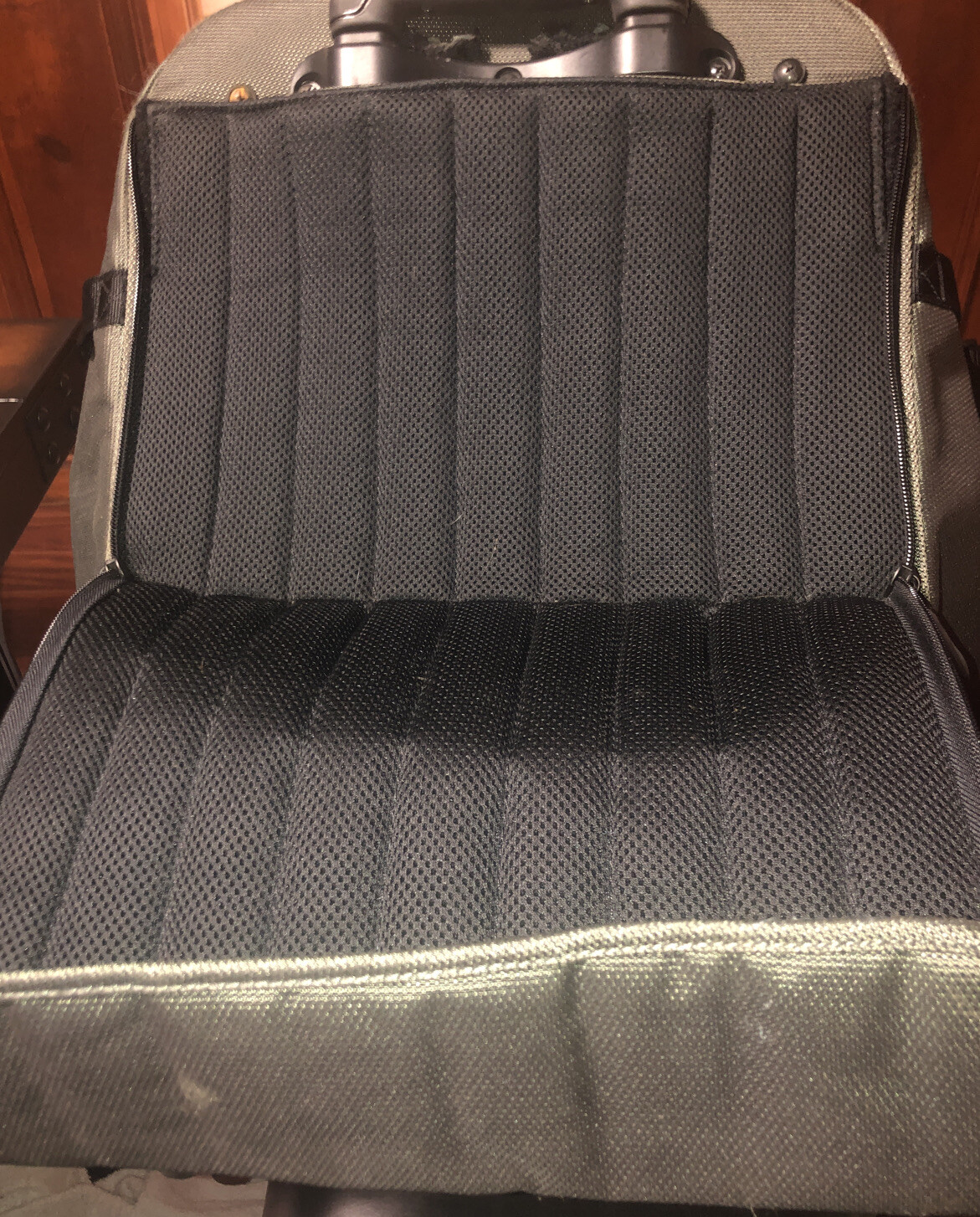 Used Tumi T2 Nylon Olive Green and Black Backpack Suitcase With Wheels.