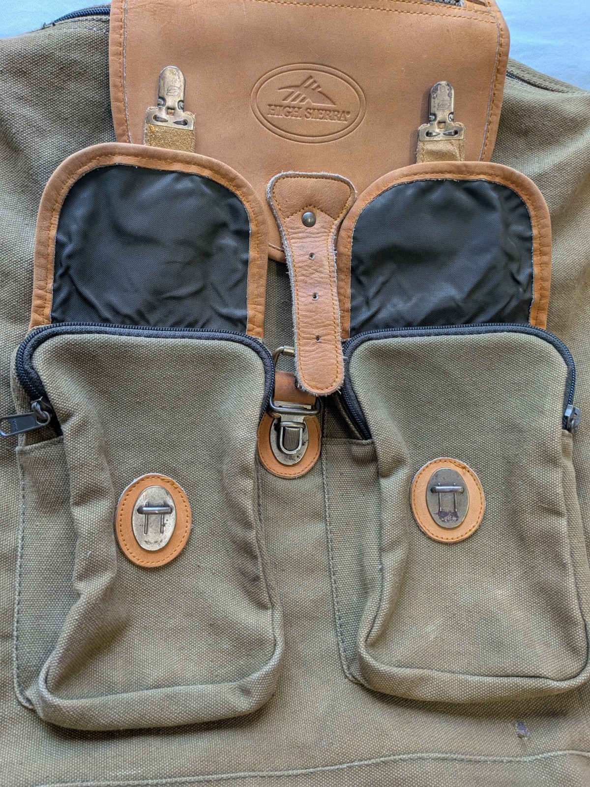 Vintage High Sierra Canvas Leather Backpack Rucksack Hiking Daypack