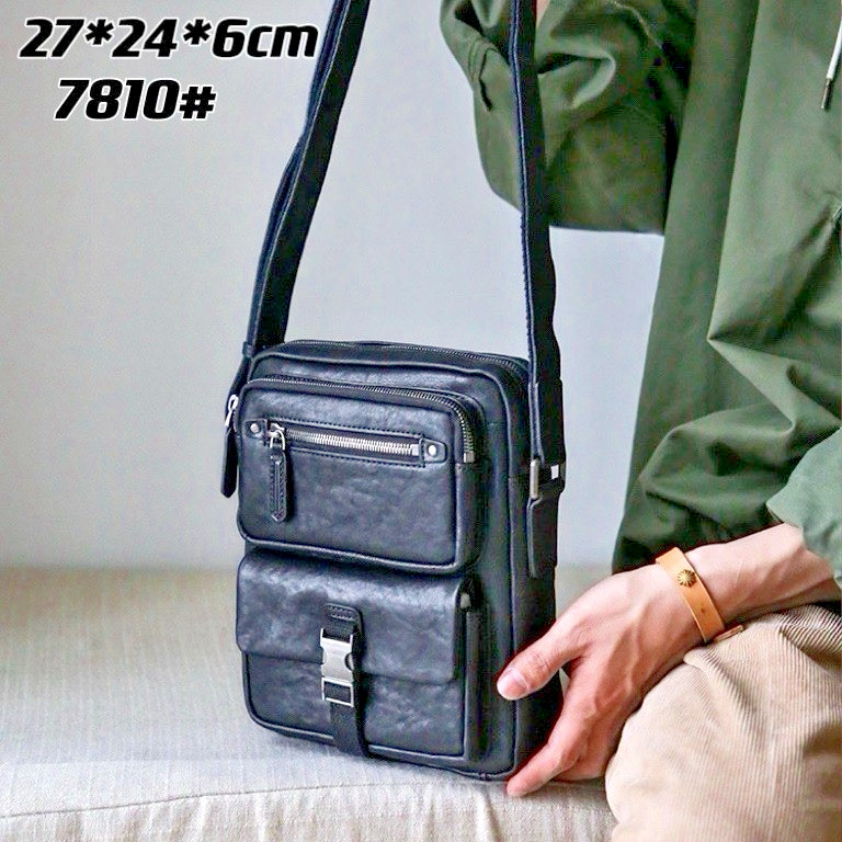 Genuine Leather Messenger Bag for Men Multi-Pocket Crossbody Shoulder Bag Black