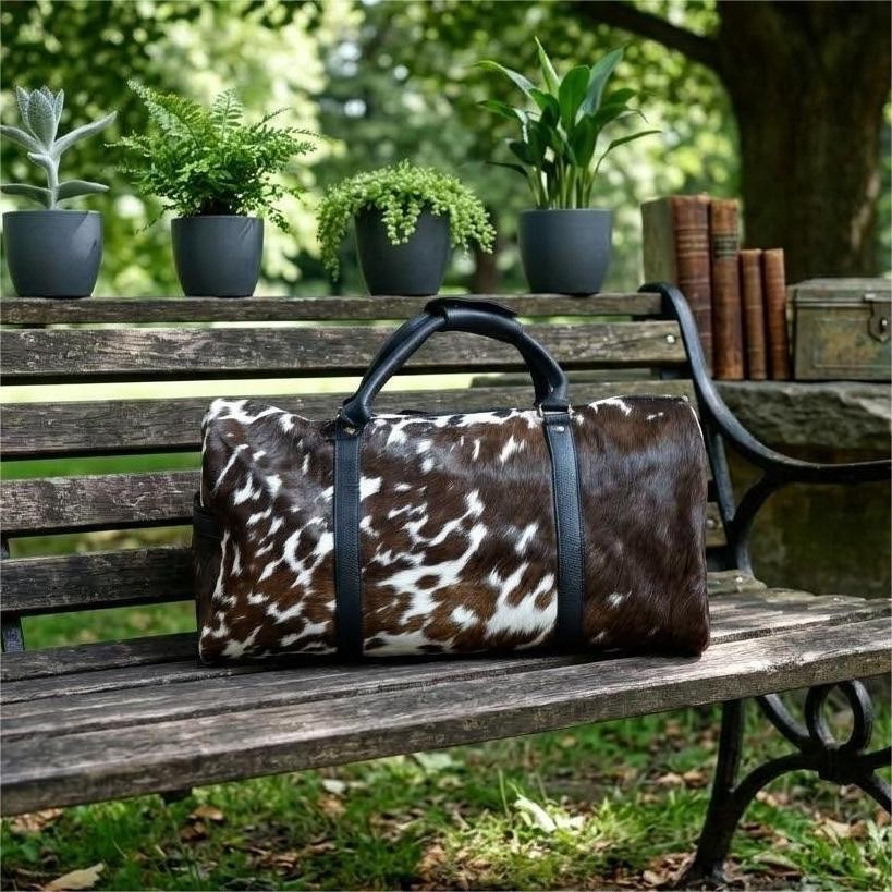 Cowhide Leather Duffel Bag | Cow hide Hair On Tricolor Weekender bag Travel Bag