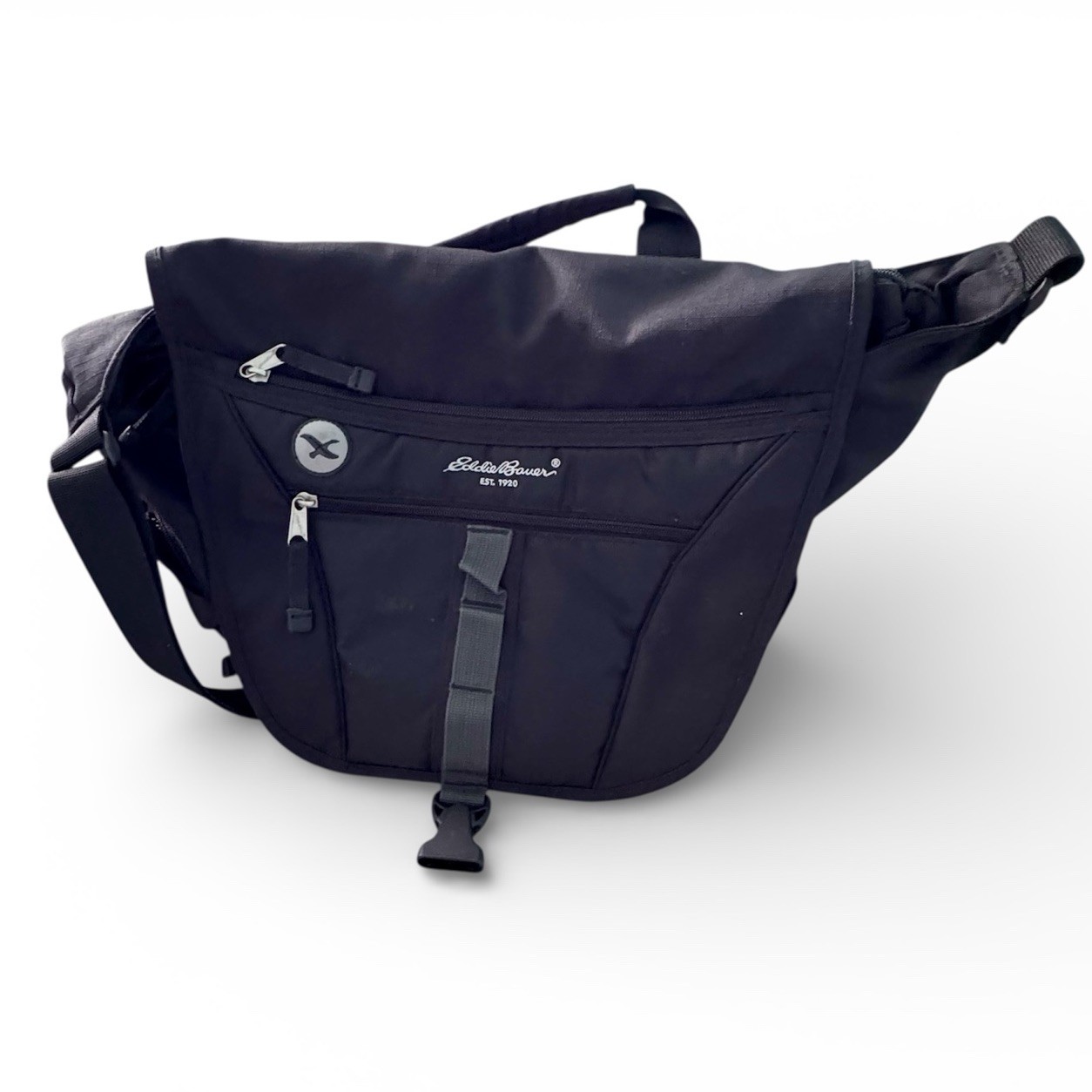 Eddie Bauer Laptop Messenger Bag Black Canvas Shoulder Strap Pockets 15.5”