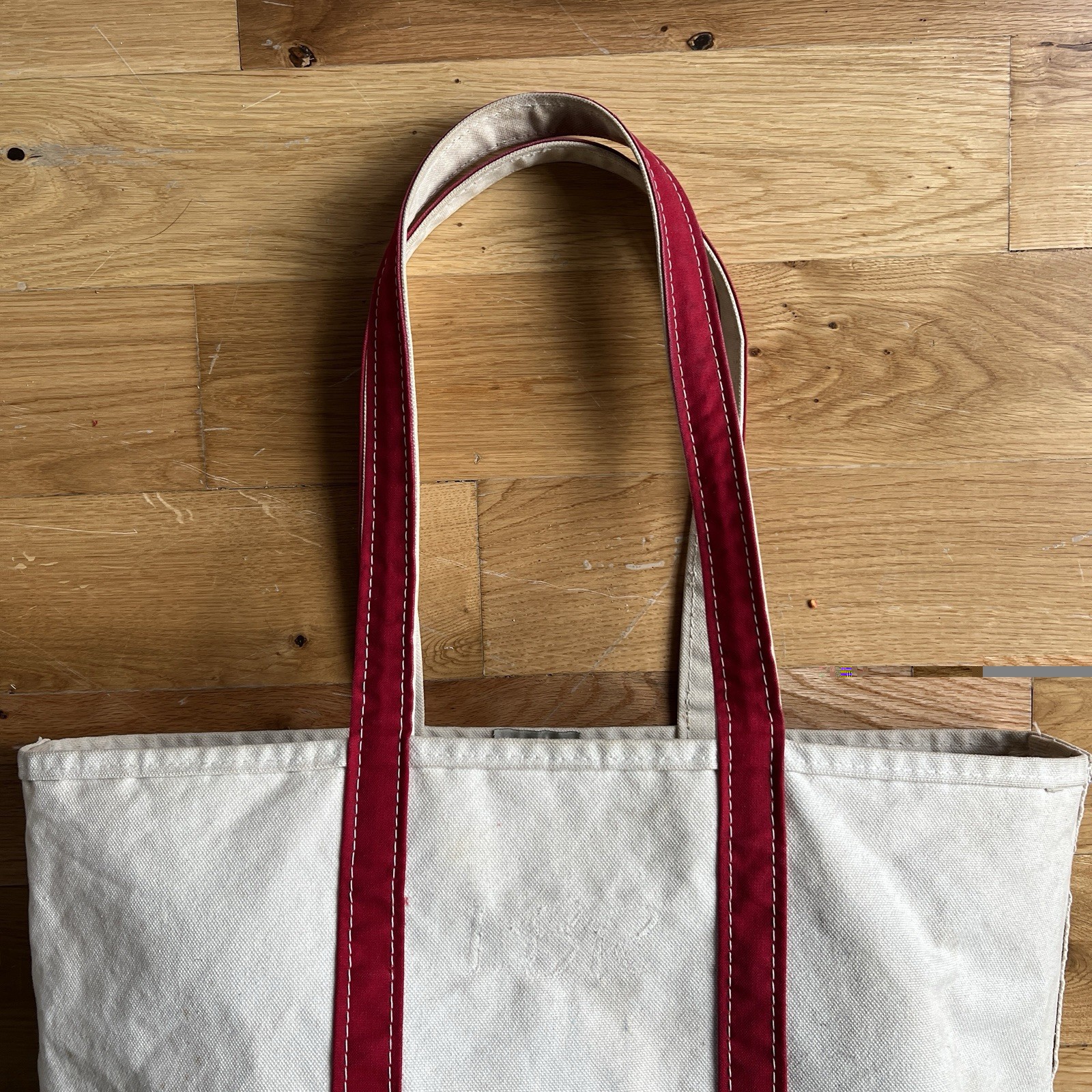 Vintage 90’s 00’s LL Bean Boat and Tote Bag Large Ivory Red Canvas USA Stained