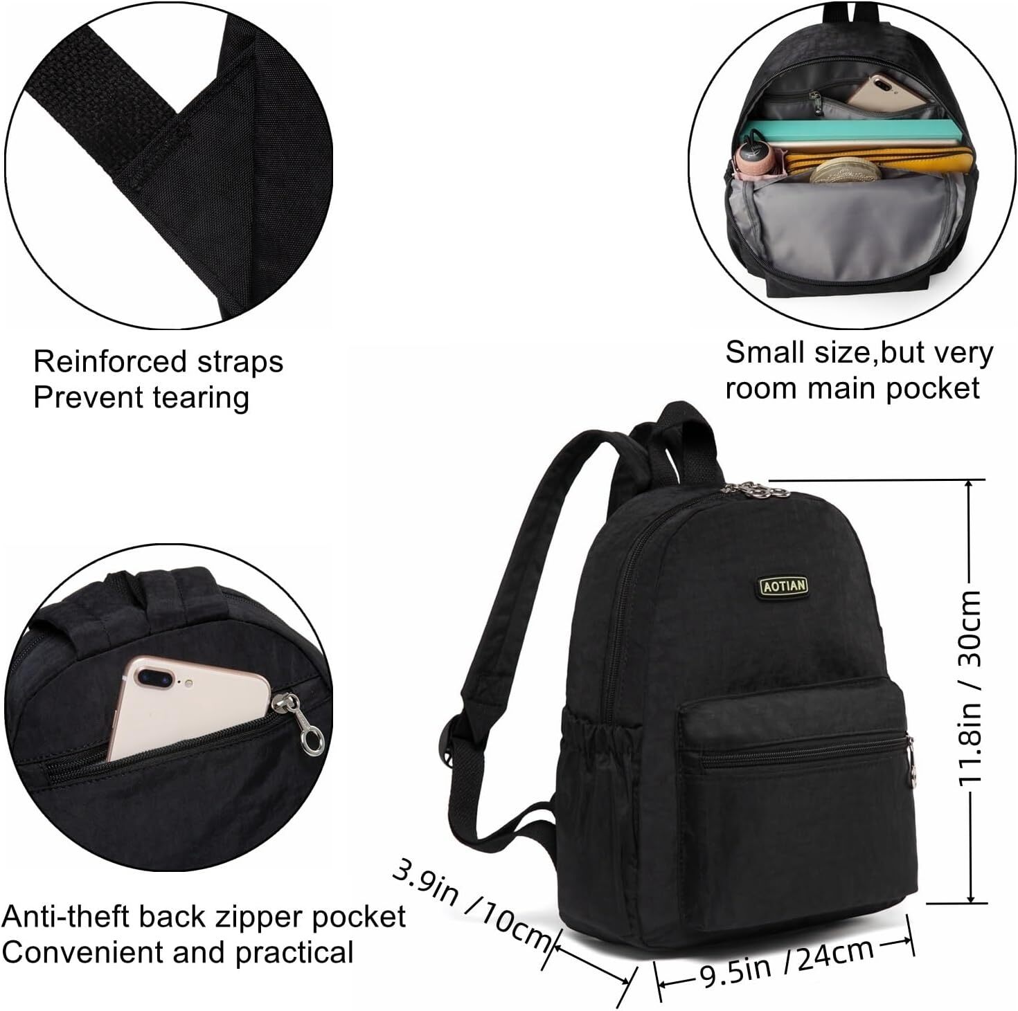 Mini Backpack 11.8″ – Lightweight Daypack for Women & Girls, 7L Travel Black