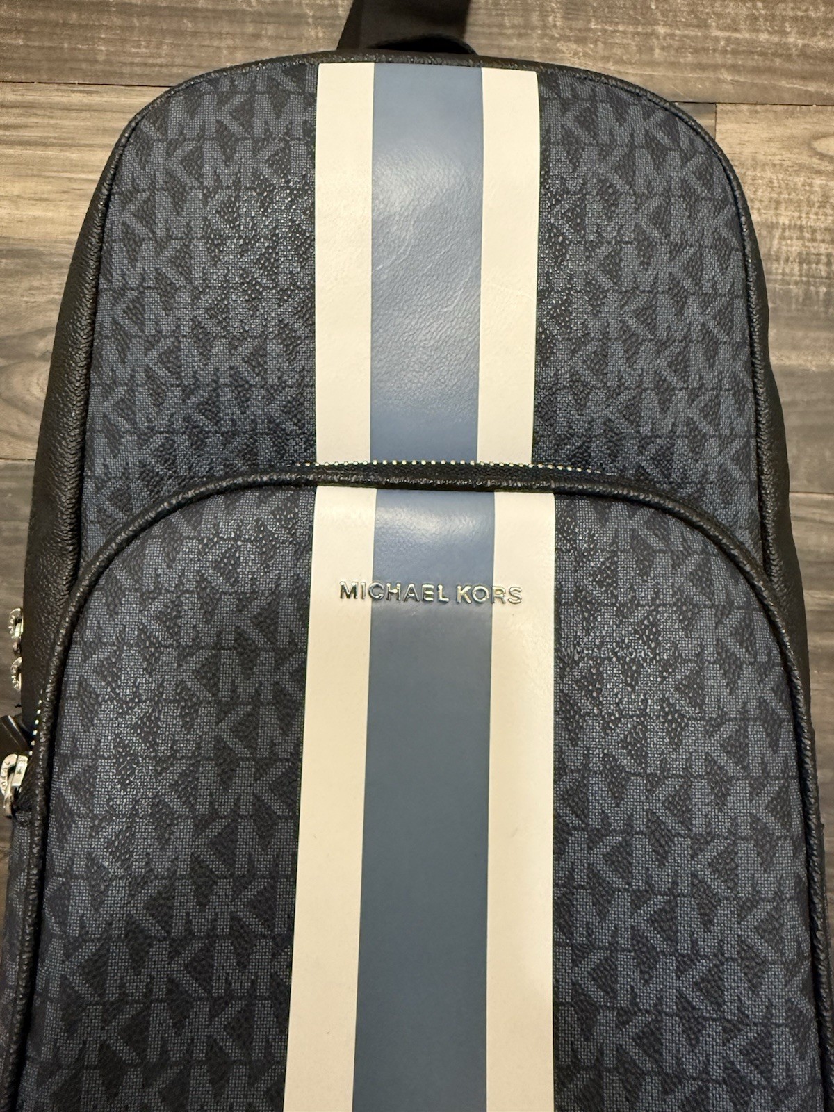 Michael Kors Cooper Sling Pack Navy Leather Racing Stripe Utility Crossbody Bag