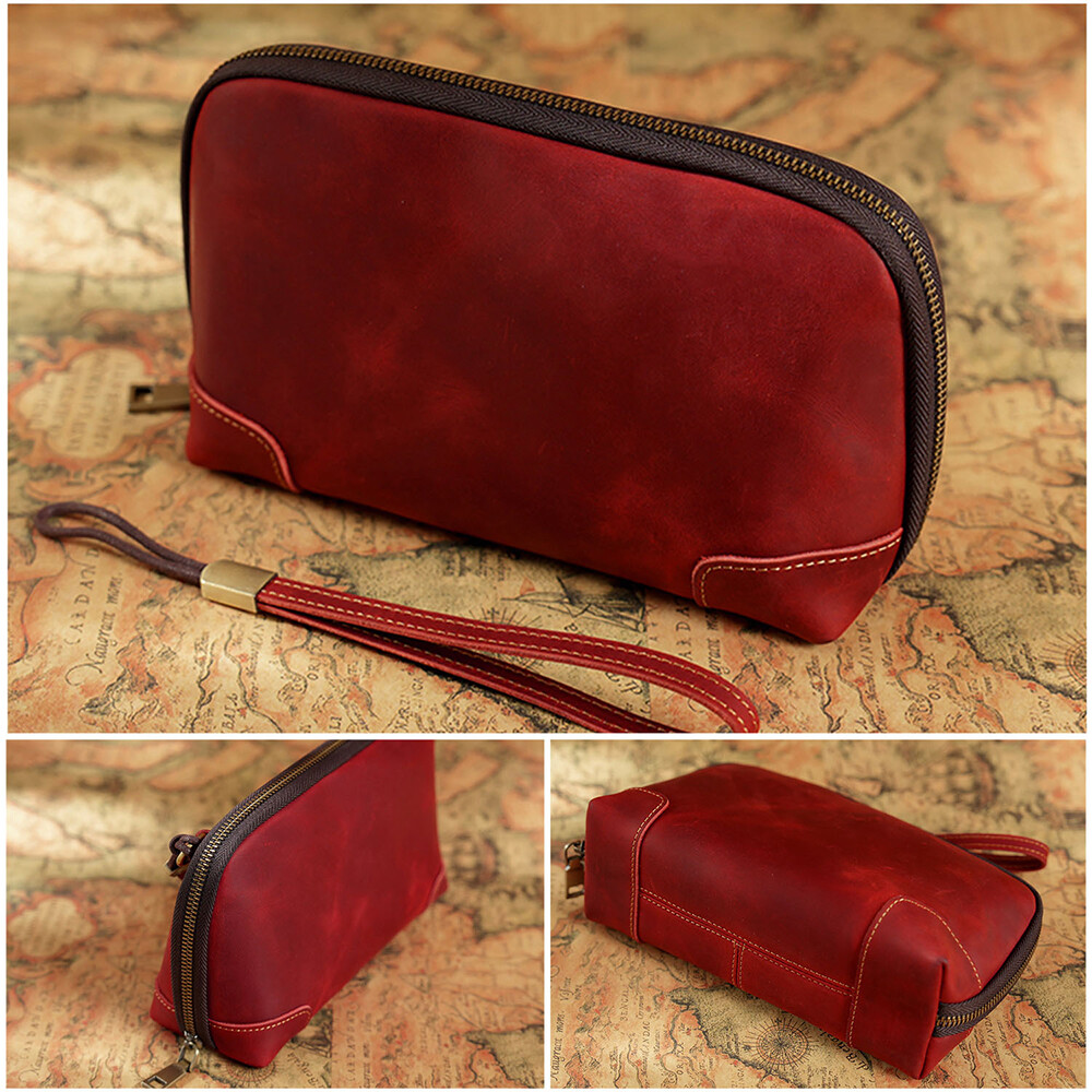 Genuine Leather Men Clutch Bag Earphone Charger Data Cable Storage Pouch Handbag