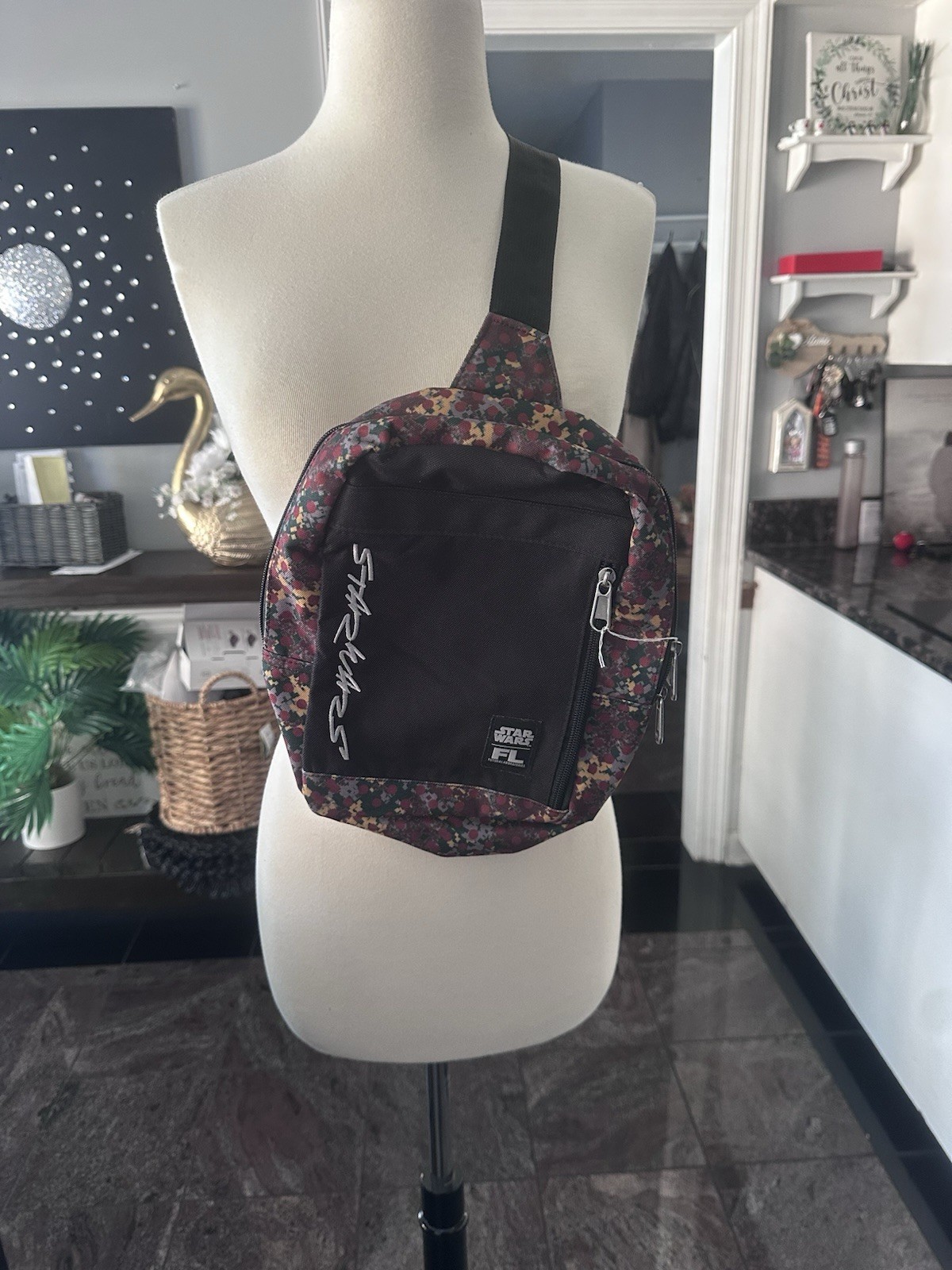 Star Wars Floral Crossbody Sling Bag Black Multicolor Adjustable Strap