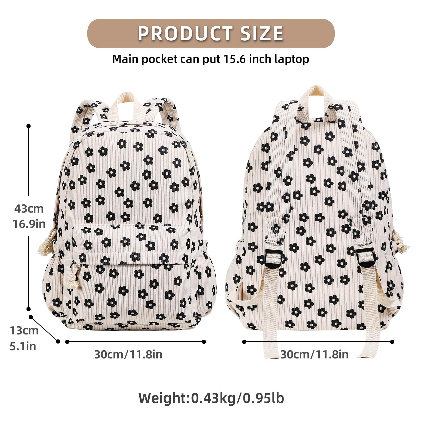 15.6 Inch Laptop Backpack School Bag Teens Womens Cute Corduroy Black Floral