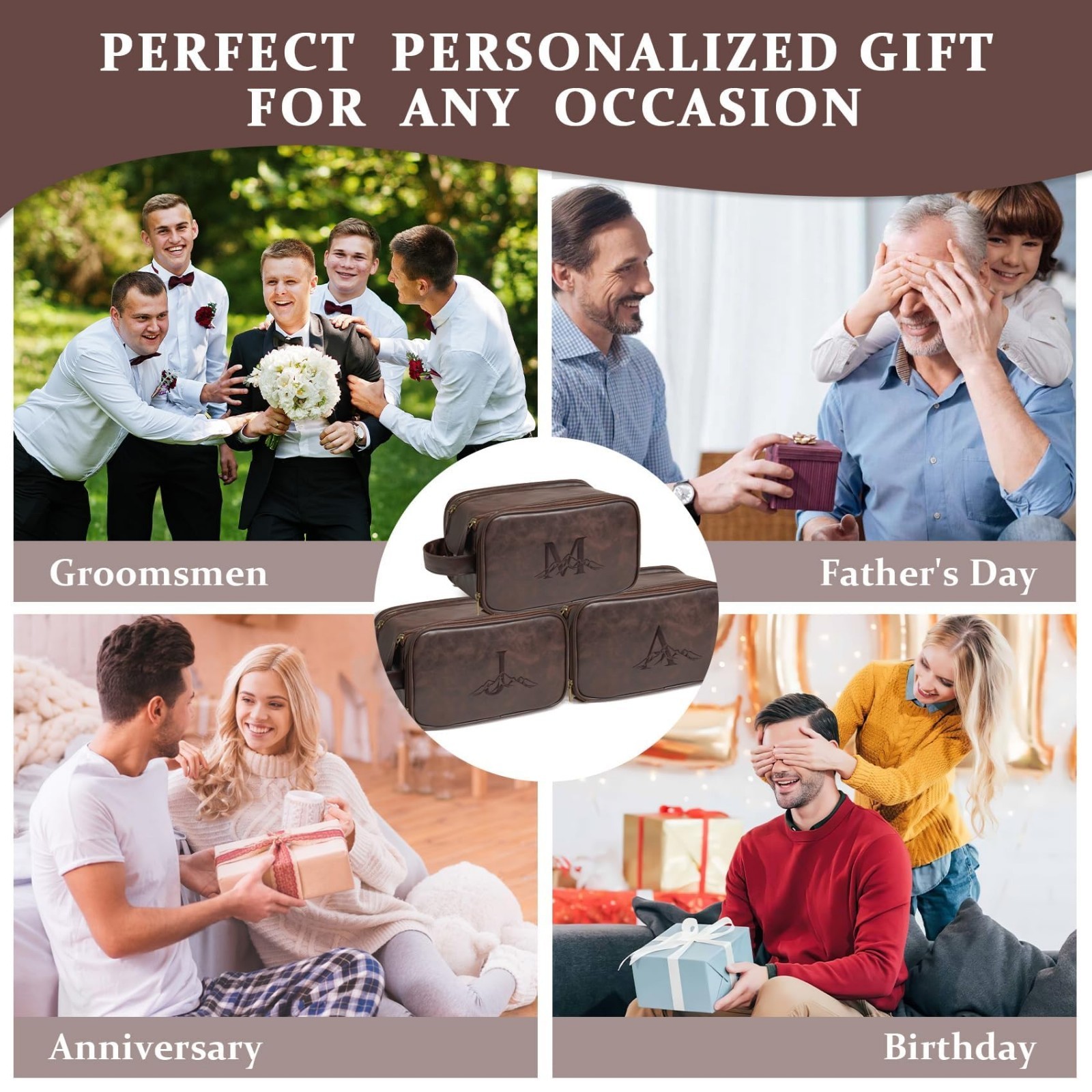 Waterproof Travel Toiletry Bag for Men, Personalized Leather Dopp Kit, Groomsmen