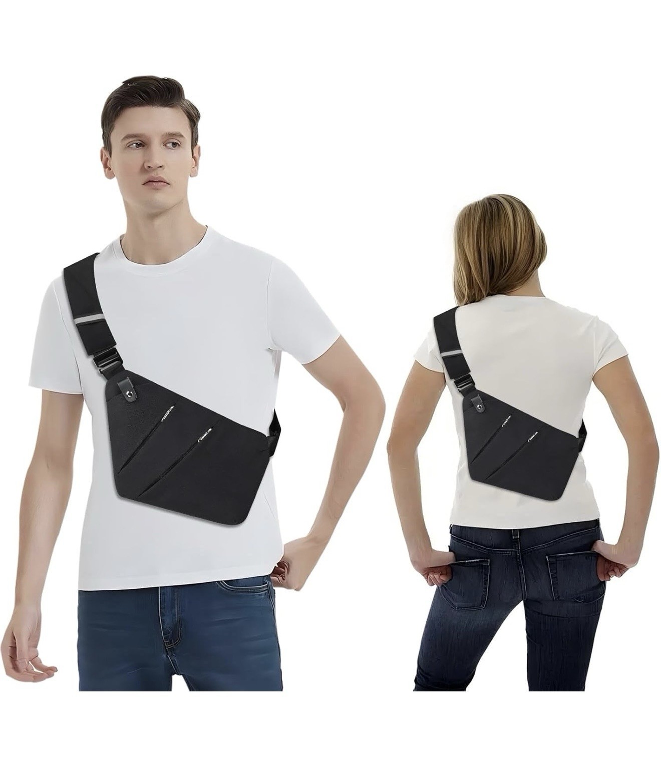 Black Waterproof Crossbody Sling Chest Bag, Zip & Magnetic, Outer Pockets
