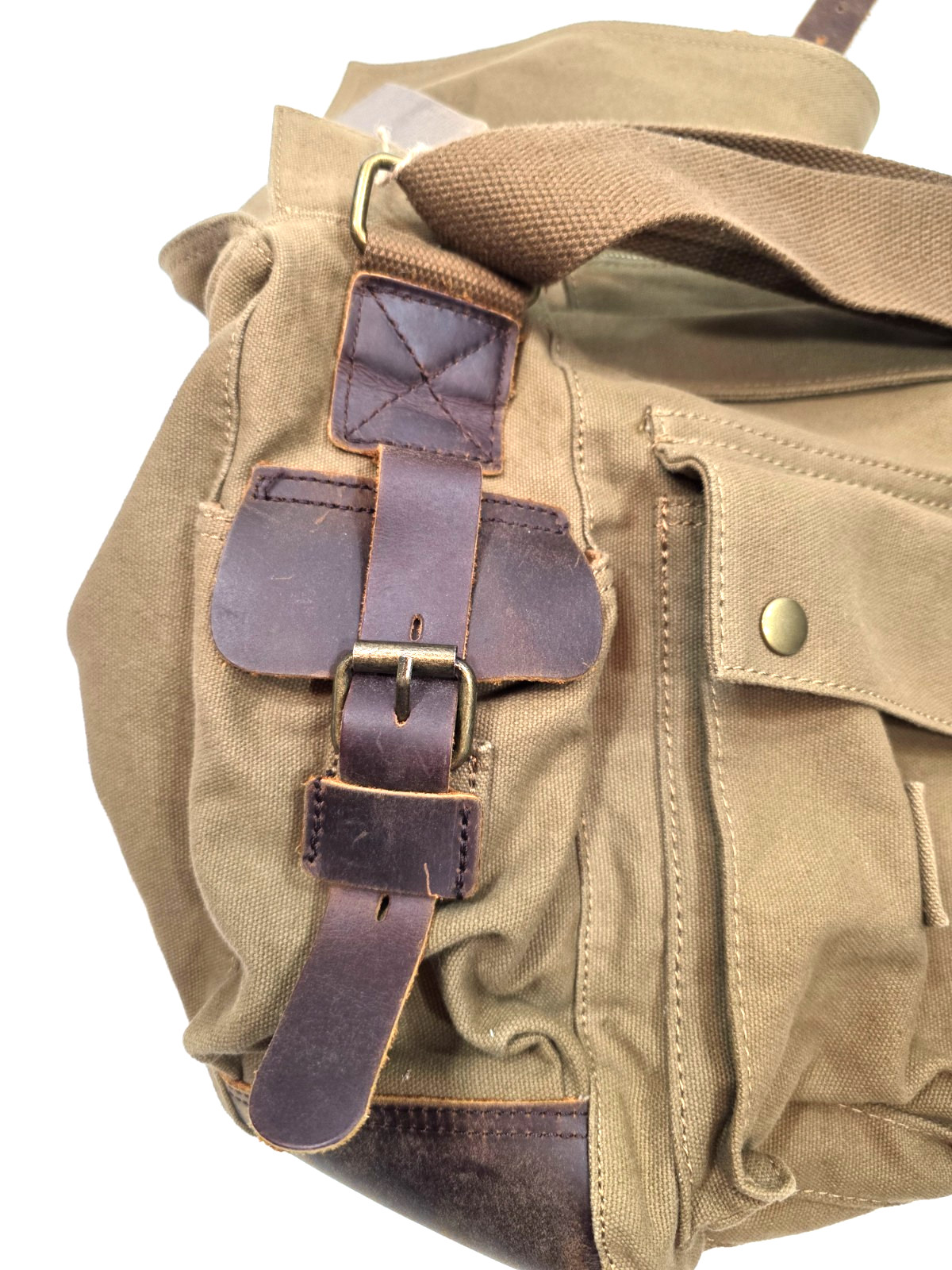 SC COTTON Canvas Messenger Shoulder Bag w Leather Straps Olive Green