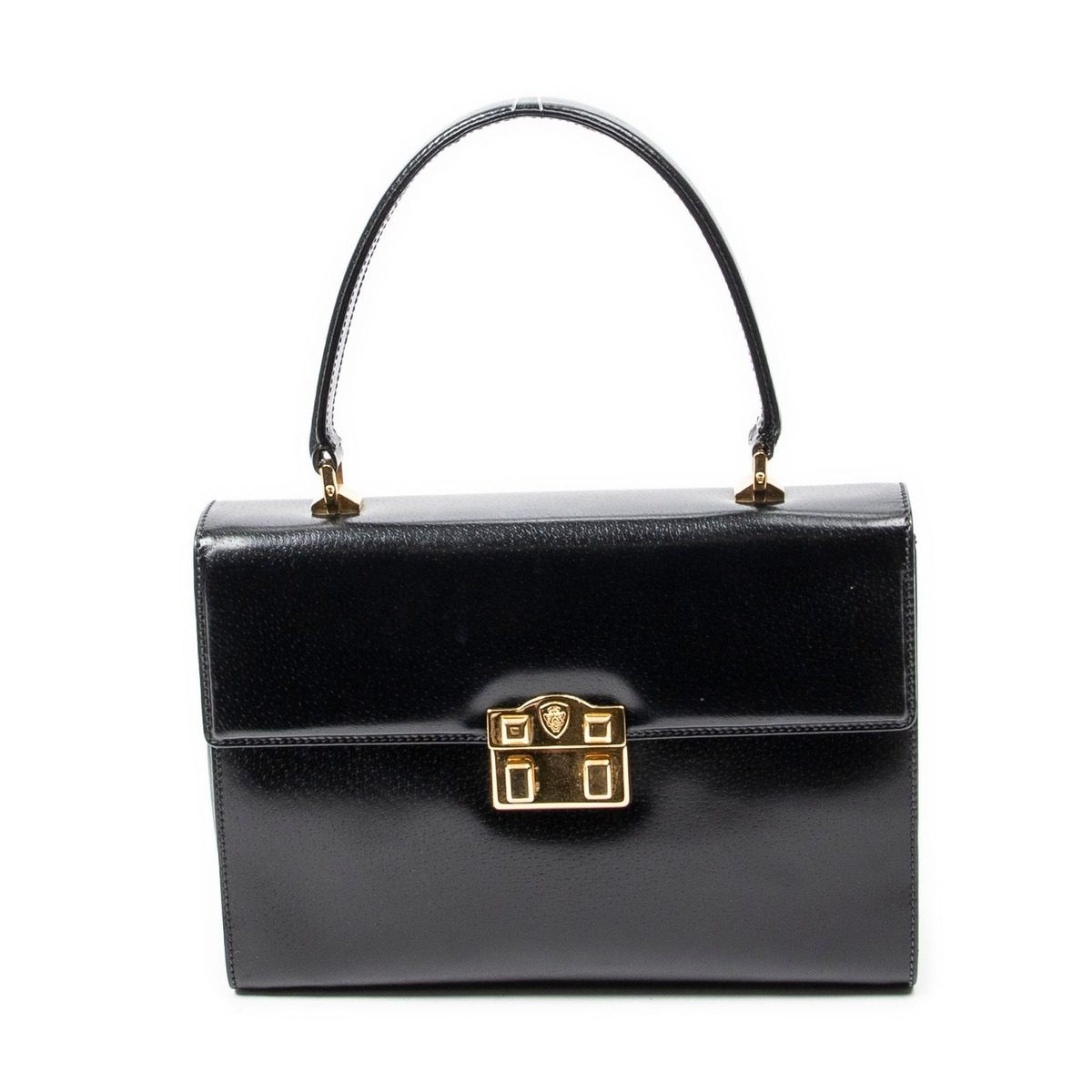 Gucci Vintage Push Lock Top Handle Black Smooth Leather
