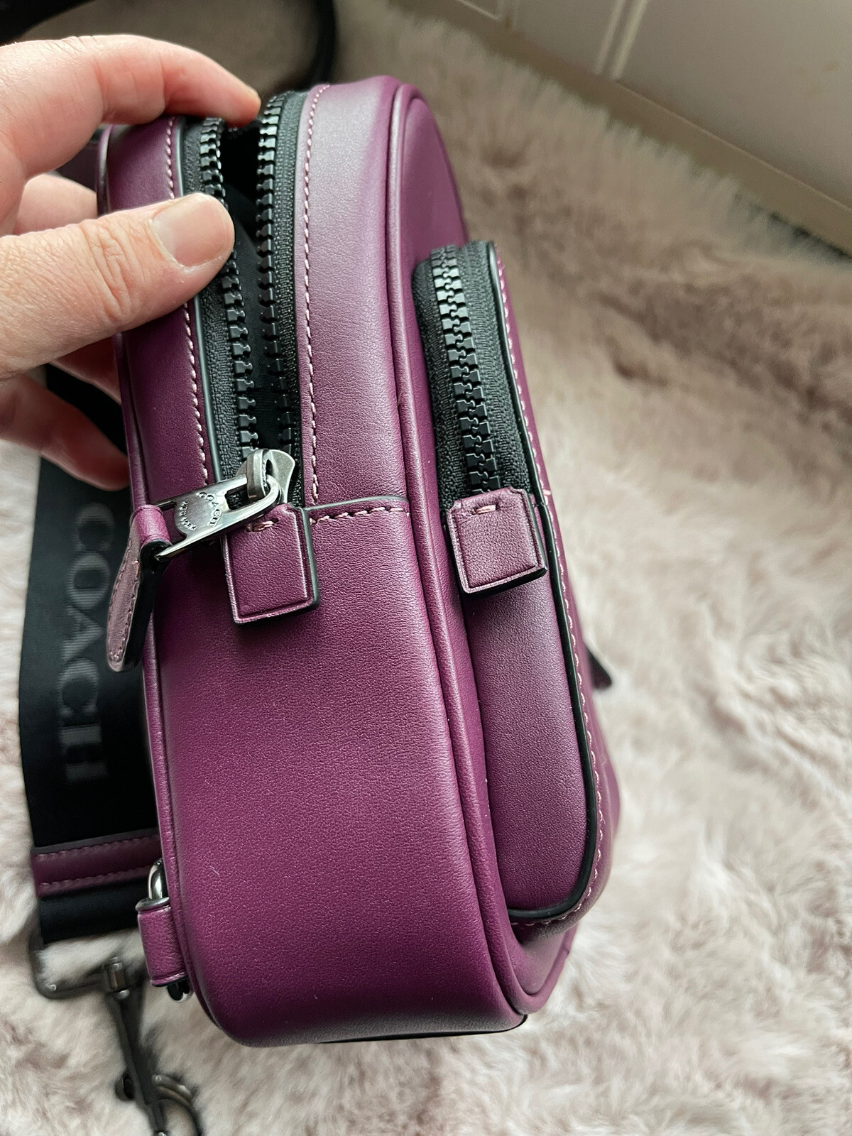 Coach CL410 Track Pack 14 Calf Leather Crossbody Black Antique Nickel/Deep Berry