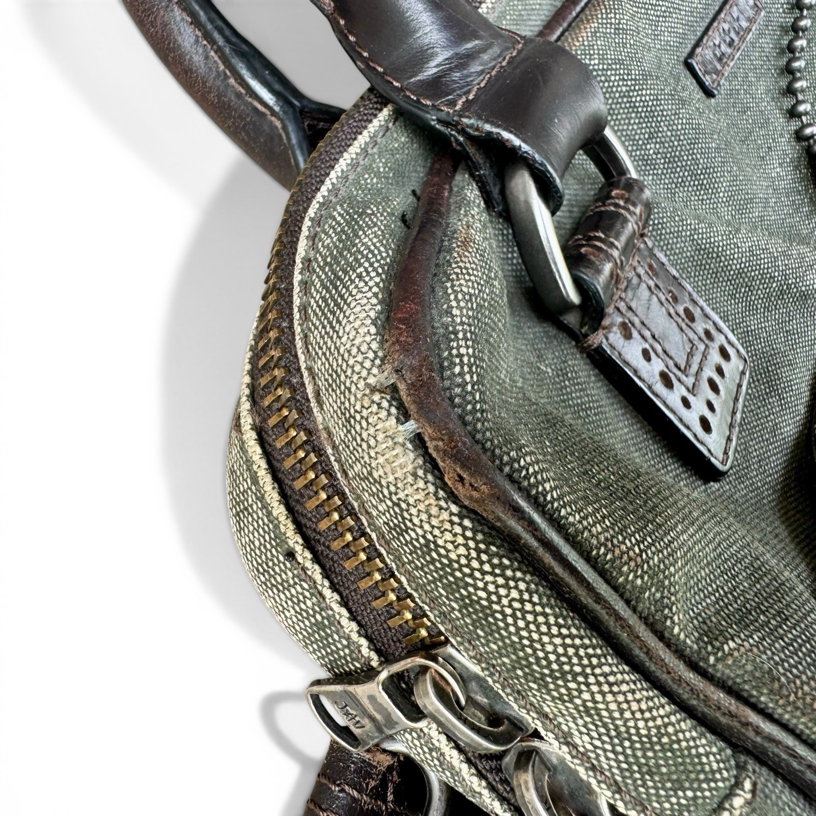 John Varvatos Distressed Olive Canvas Leather Messenger Laptop Bag Brown